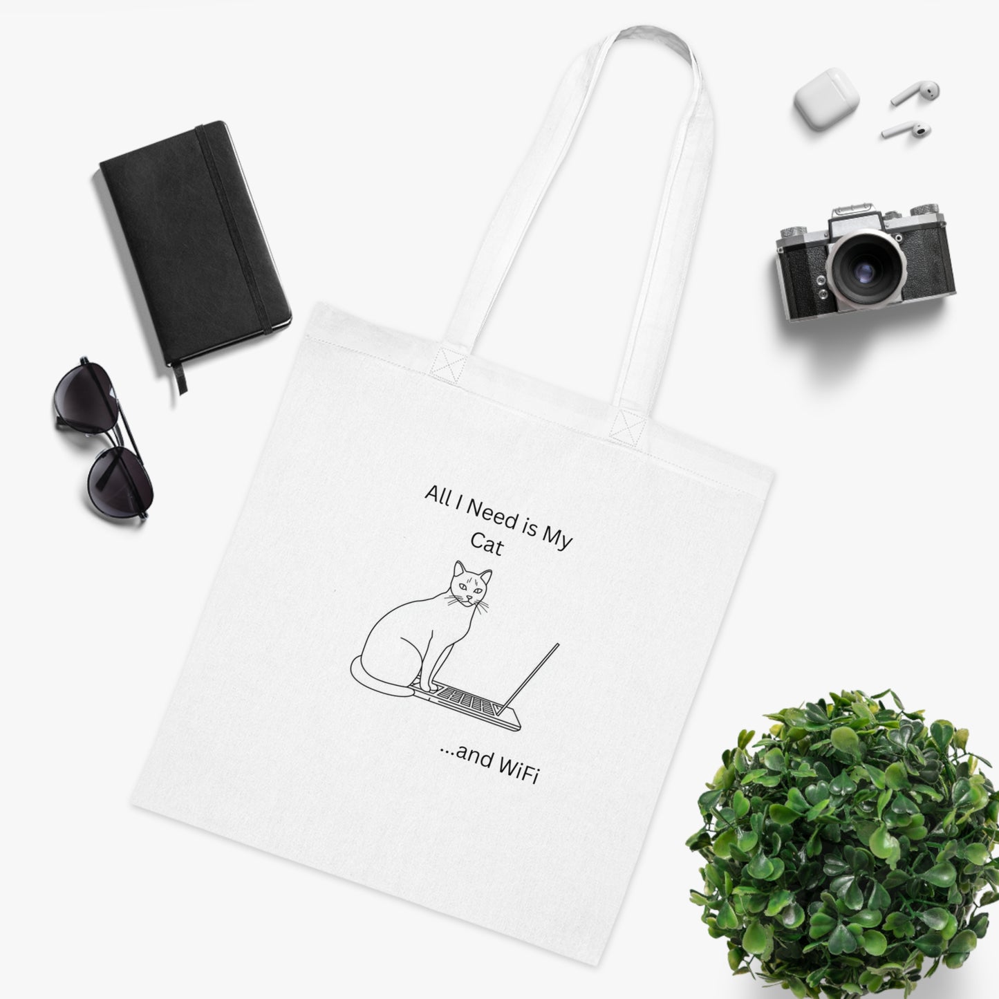 Cat Lover Cotton Tote Bag - 'All I Need is My Cat and WiFi'