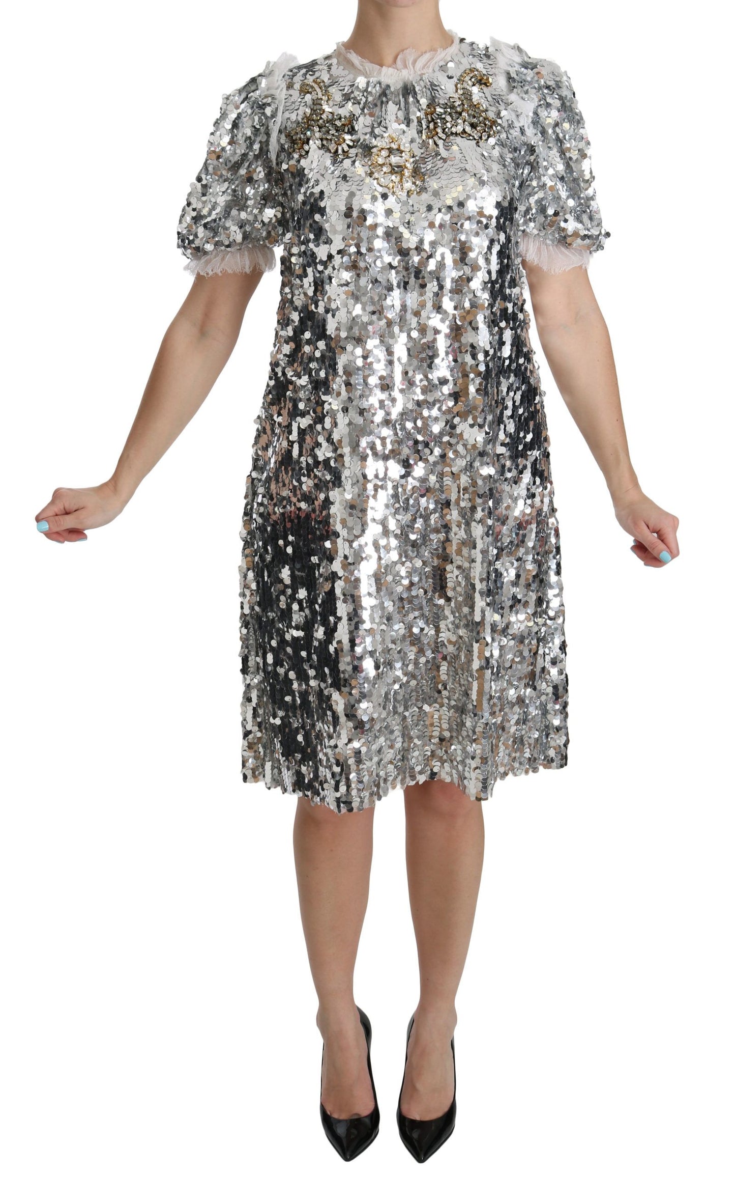 Dolce & Gabbana Elegant Silver A-Line Dress with Crystal Accents - Elegance Online Limited