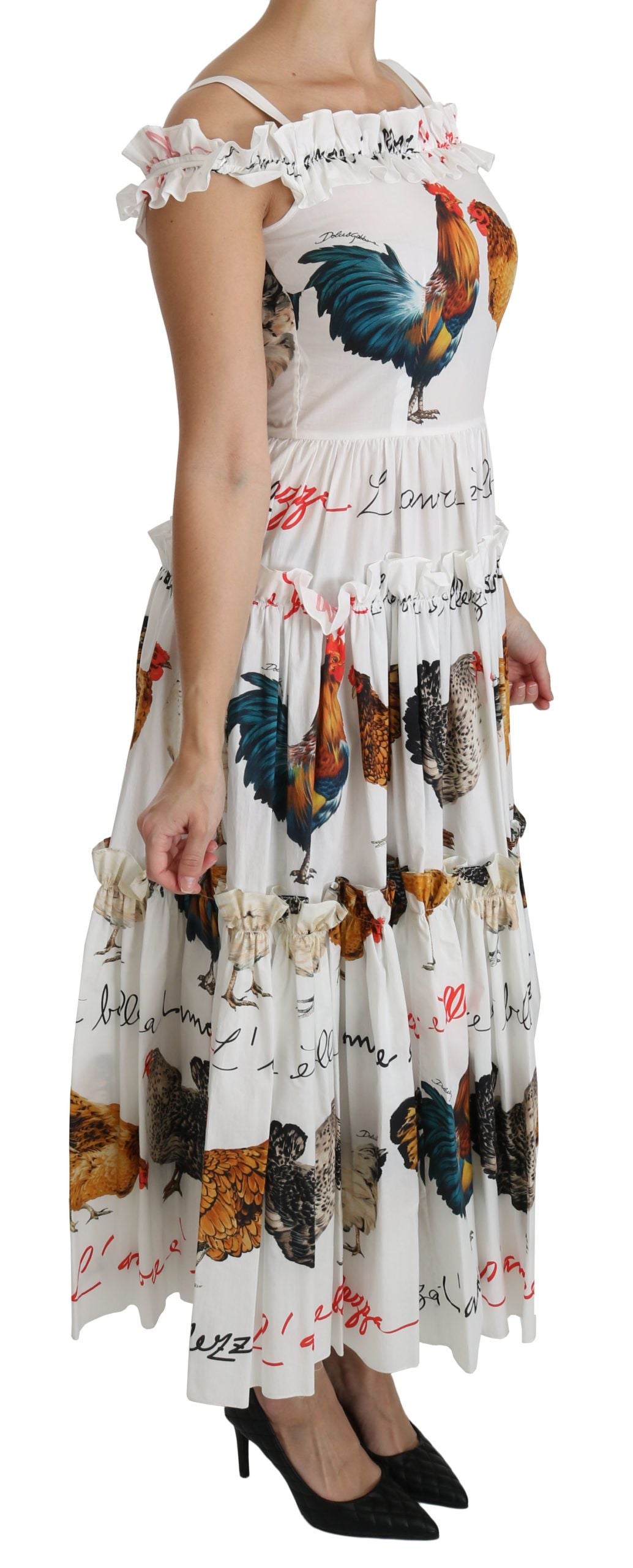 Dolce & Gabbana Elegant White Rooster Print Sheath Midi Dress - Elegance Online Limited