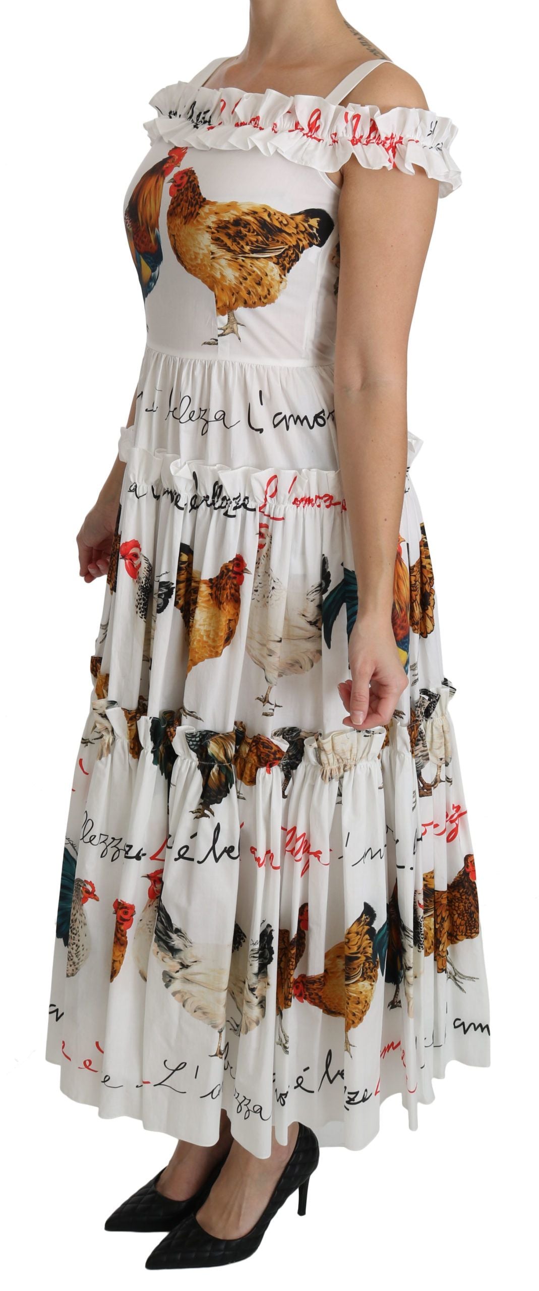 Dolce & Gabbana Elegant White Rooster Print Sheath Midi Dress - Elegance Online Limited