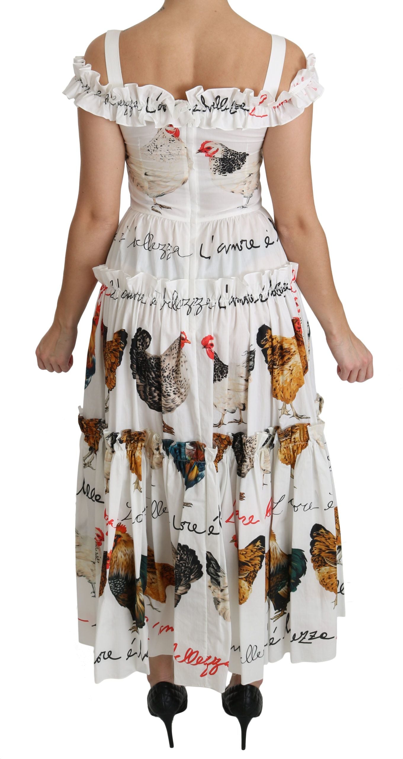 Dolce & Gabbana Elegant White Rooster Print Sheath Midi Dress - Elegance Online Limited