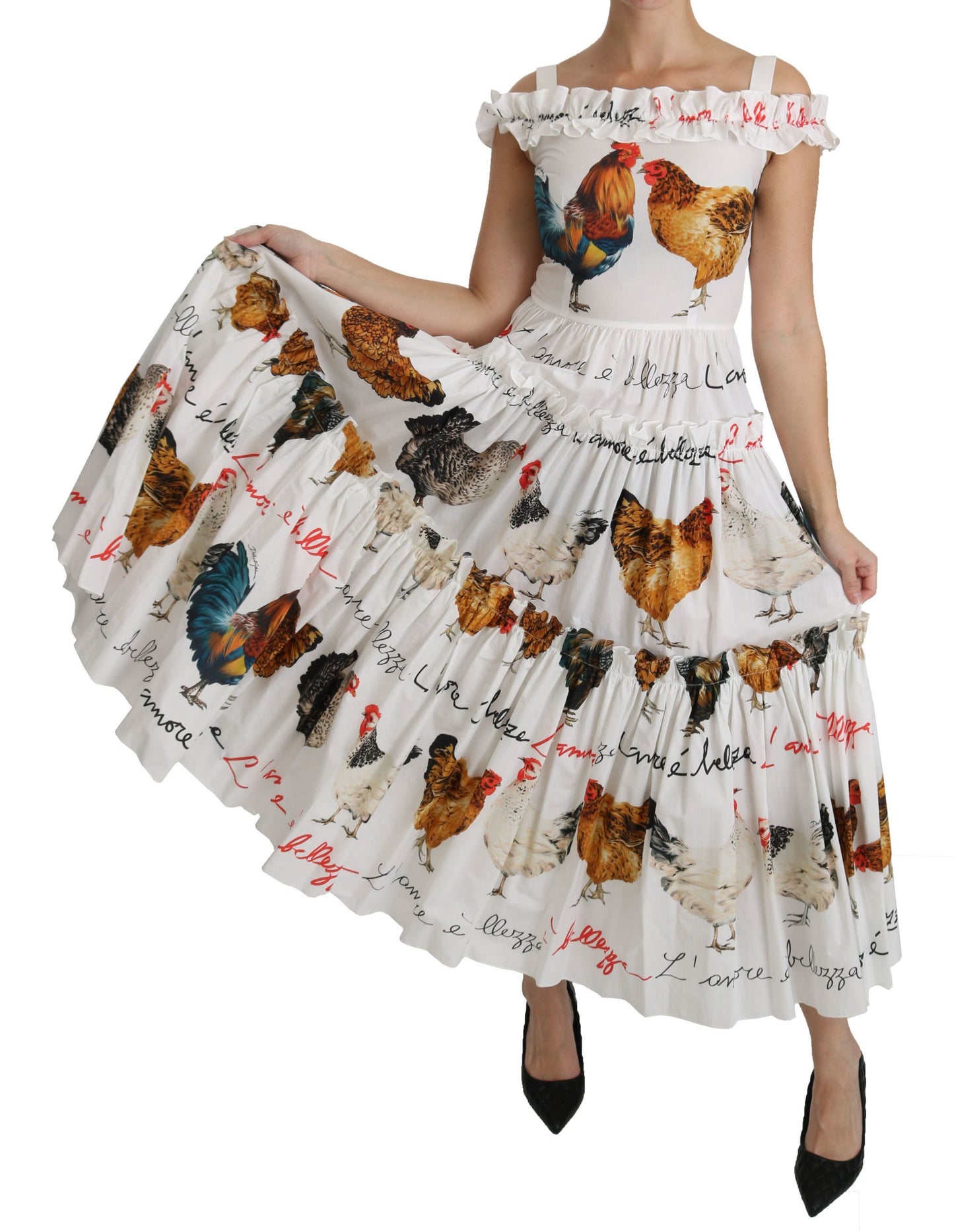Dolce & Gabbana Elegant White Rooster Print Sheath Midi Dress - Elegance Online Limited