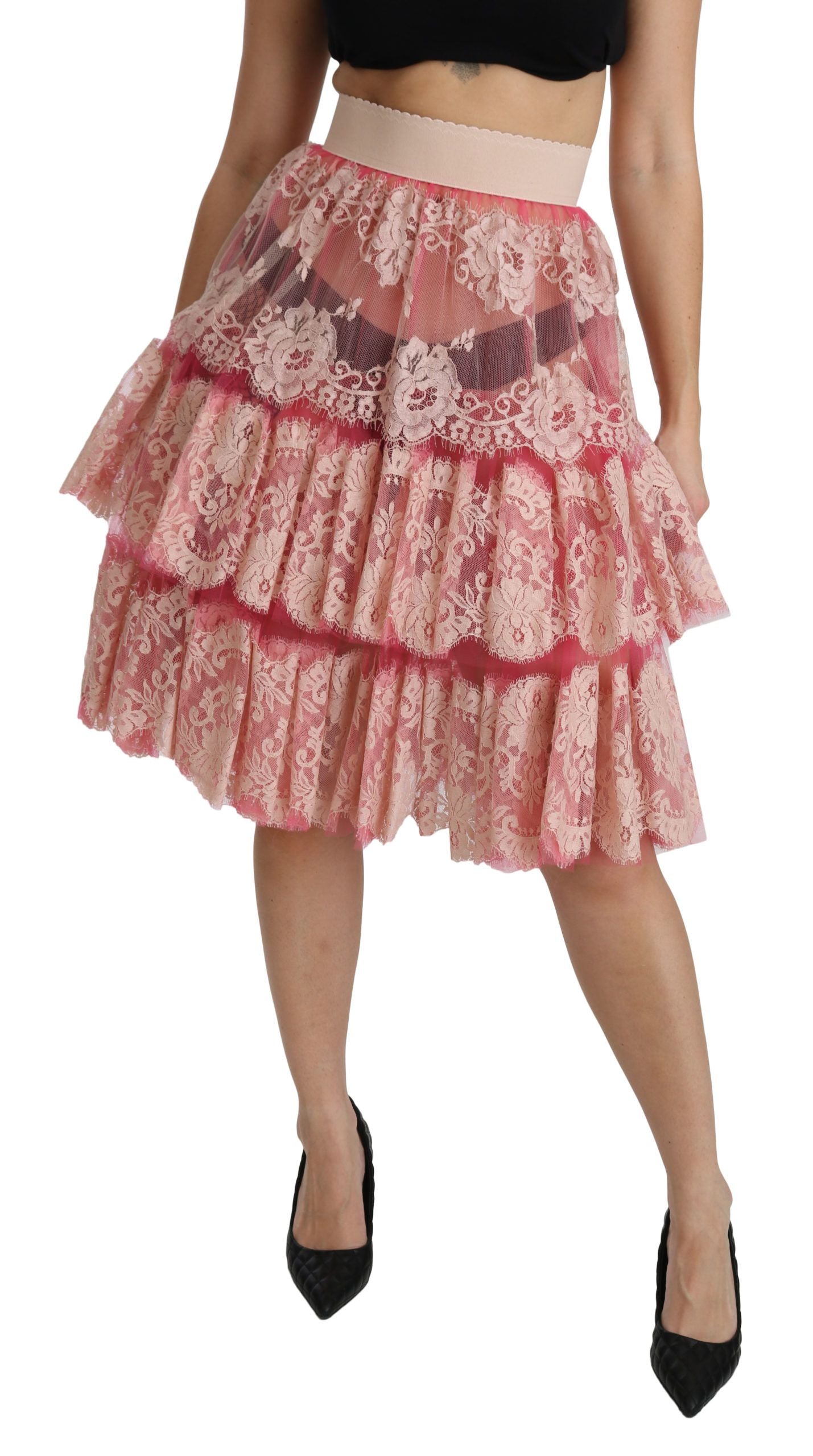 Dolce & Gabbana Elegant Pink Lace High-Waist Skirt - Elegance Online Limited