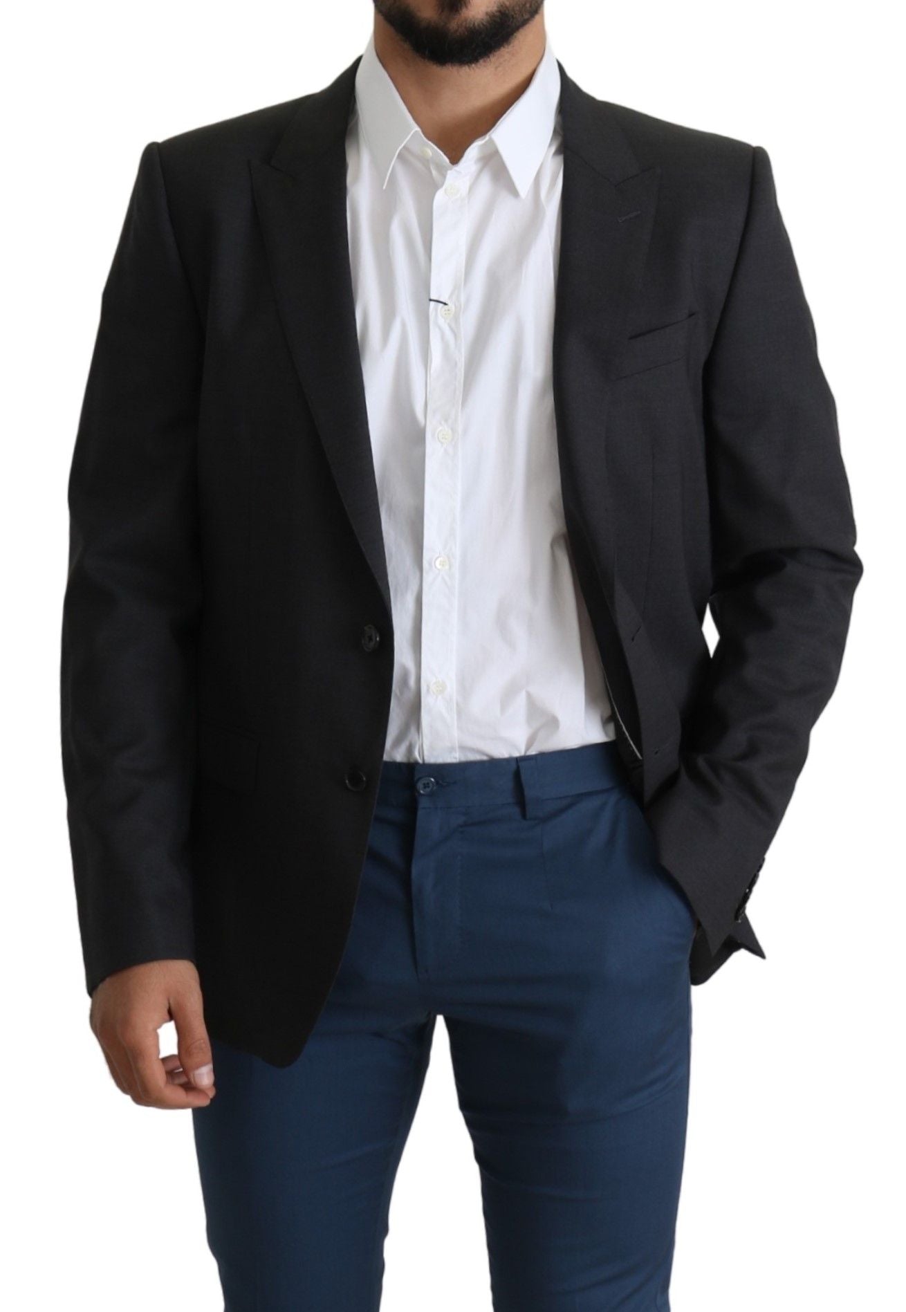 Dolce & Gabbana Elegante blazer gris de corte slim en mezcla de lana y seda