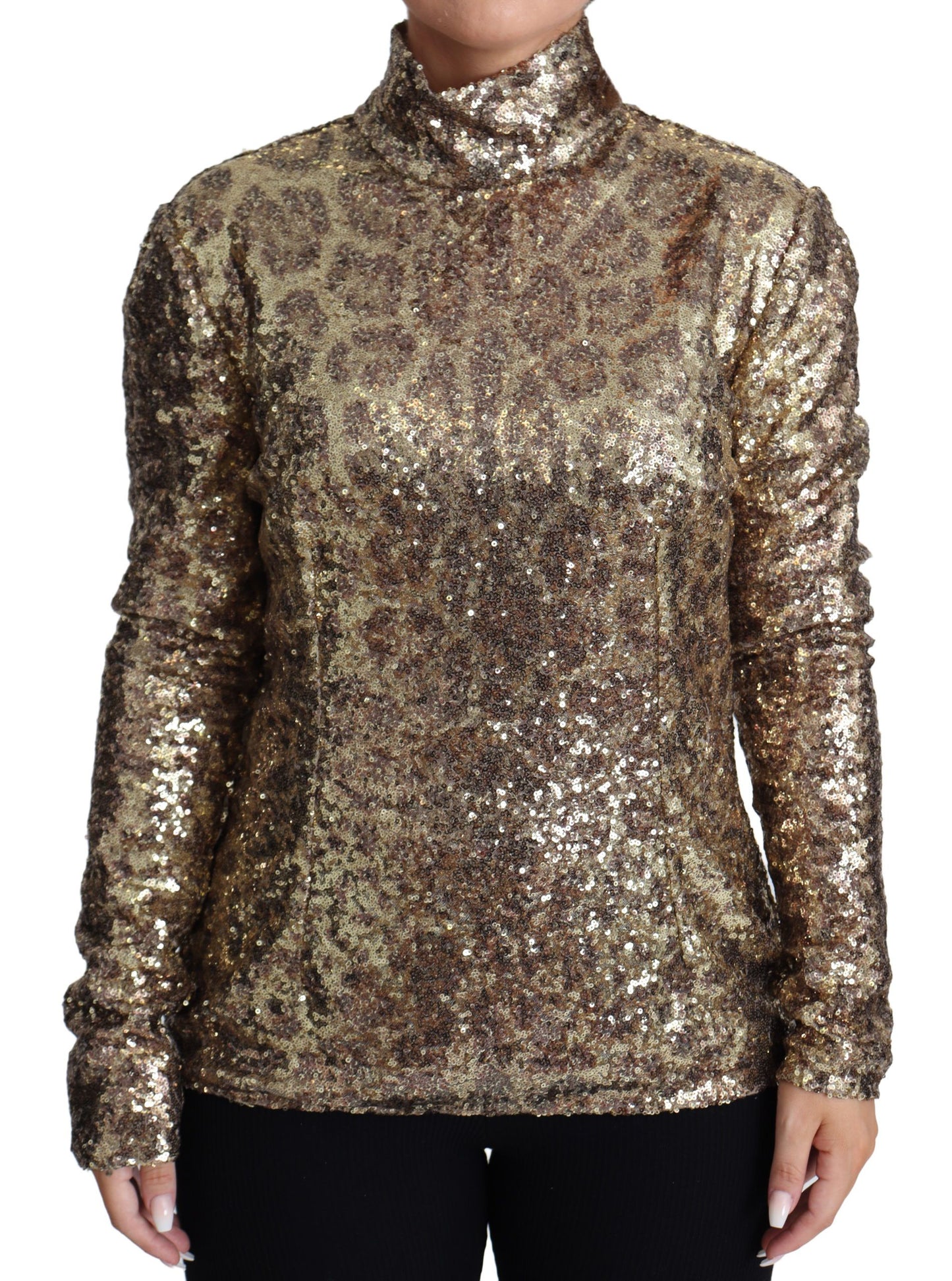 Dolce & Gabbana Sequined Turtleneck Full Zip Sweater in Brown - Elegance Online Limited