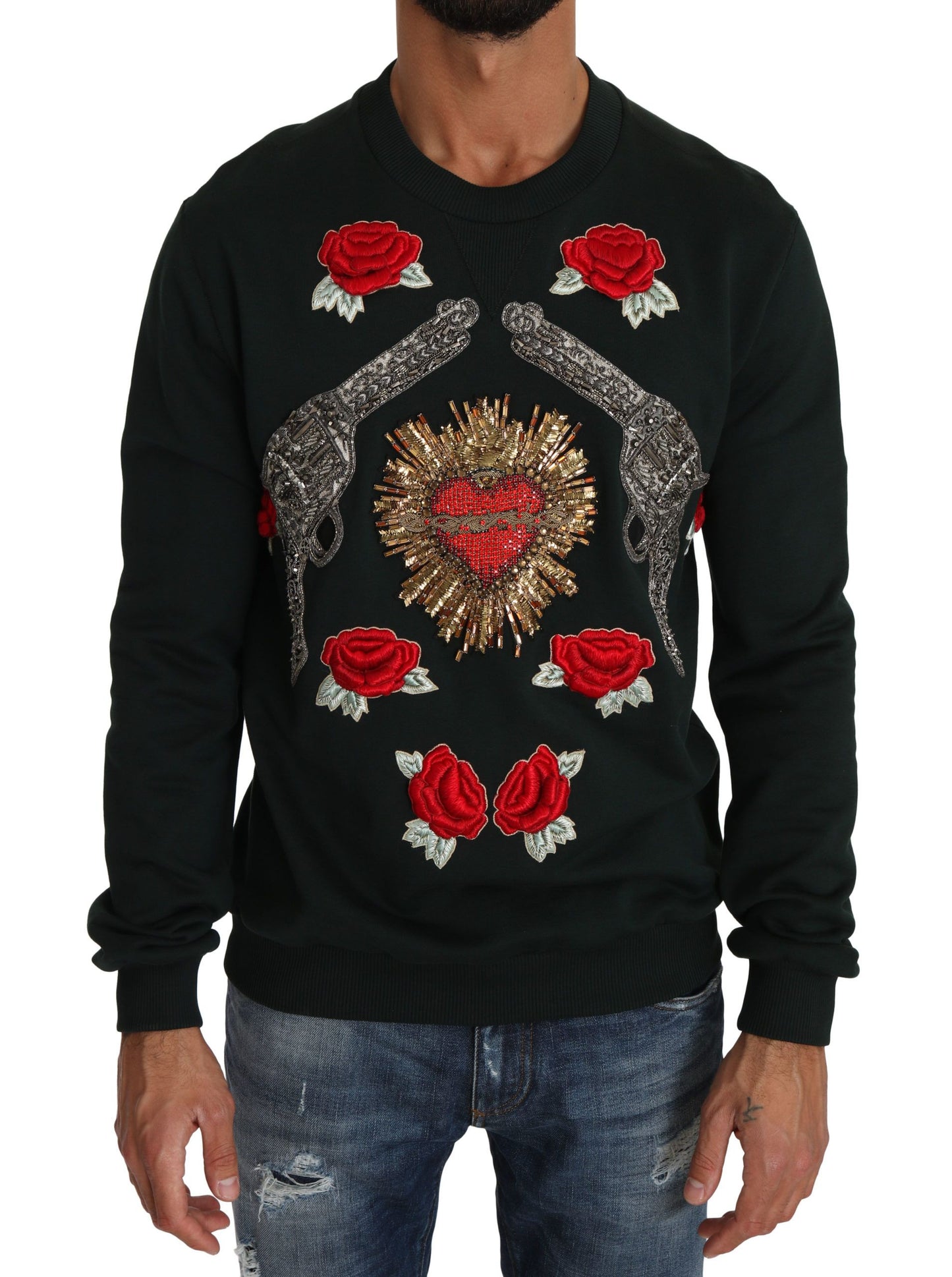 Dolce & Gabbana Jersey de algodón esmeralda con bordado de cristales