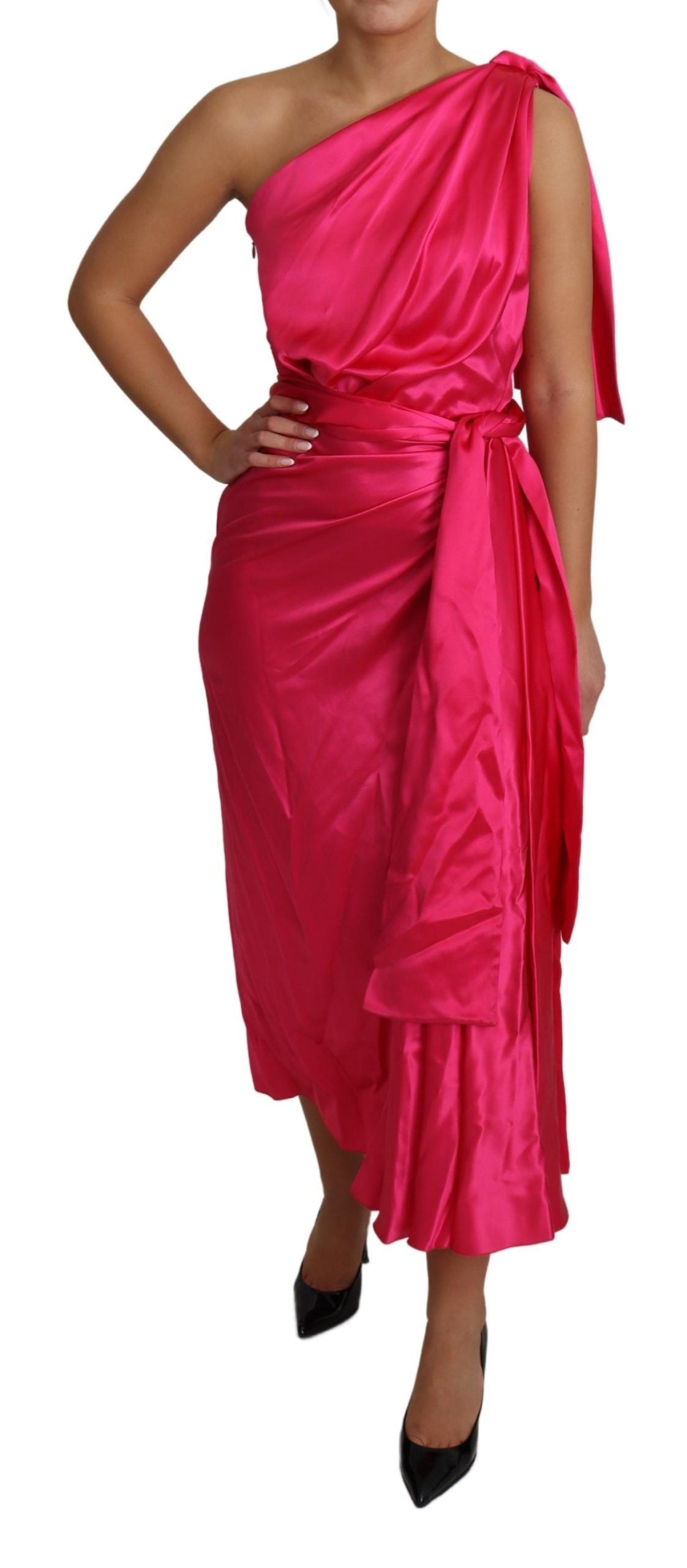 Dolce & Gabbana Elegant Fuchsia Silk One-Shoulder Wrap Dress - Elegance Online Limited