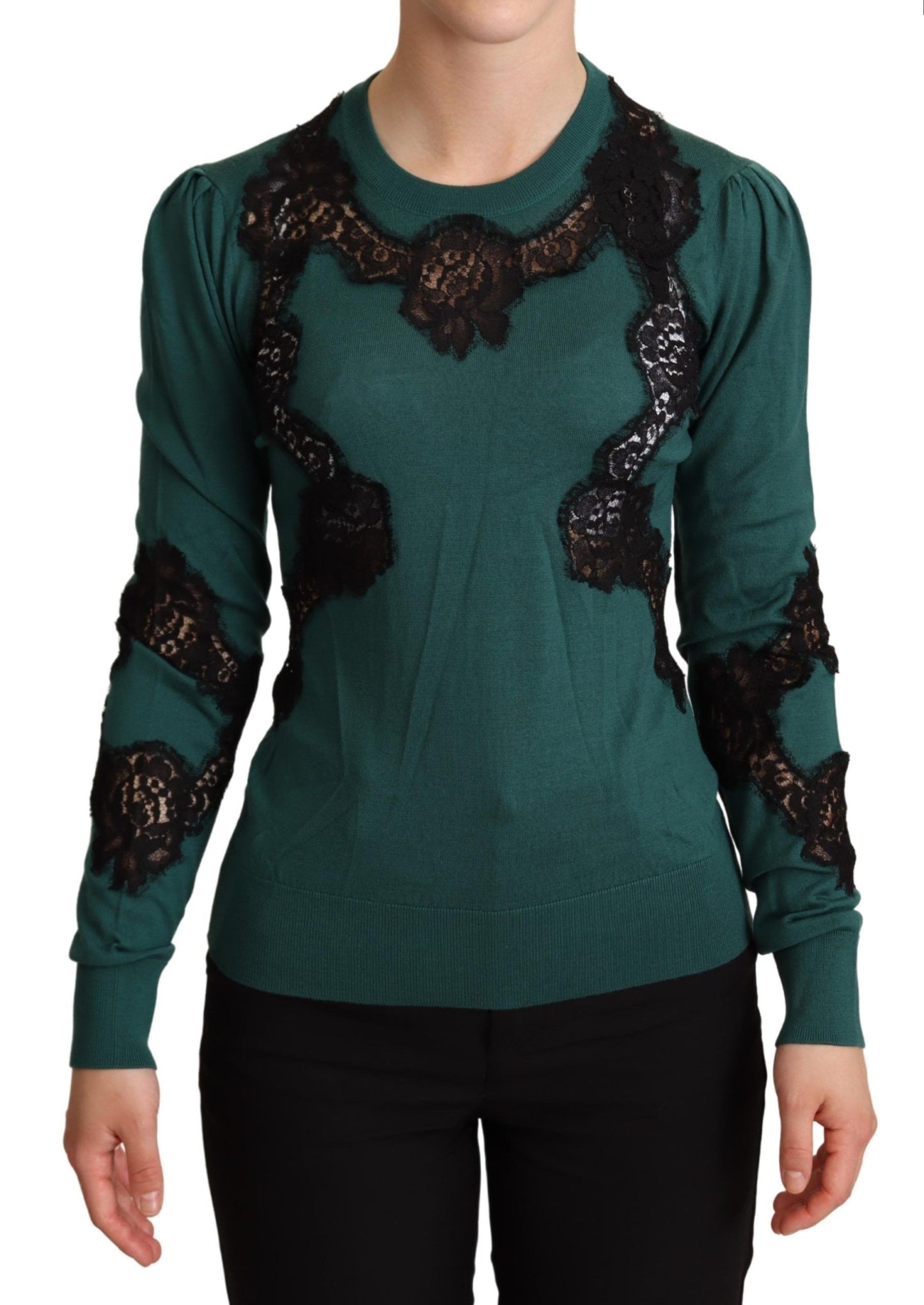 Dolce & Gabbana Elegant Green Pullover with Black Lace Detail - Elegance Online Limited