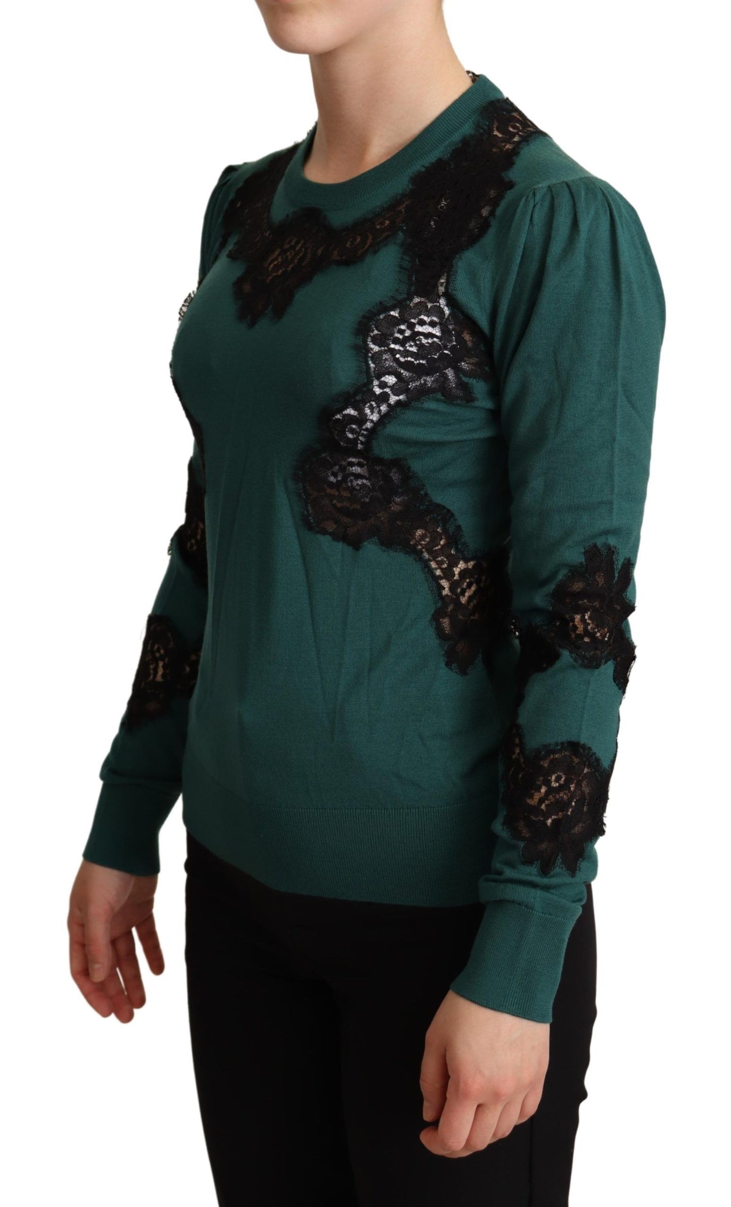 Dolce & Gabbana Elegant Green Pullover with Black Lace Detail - Elegance Online Limited