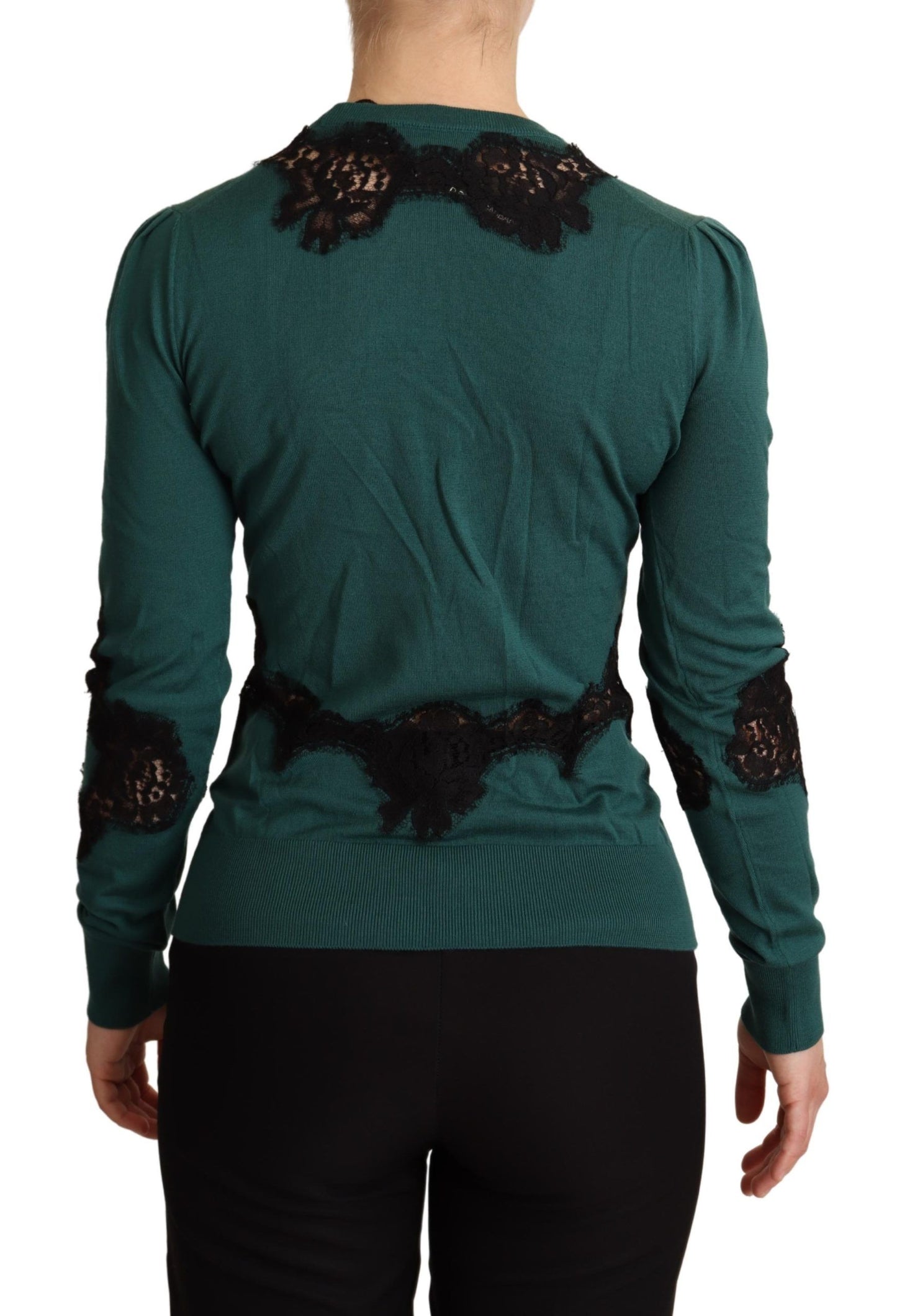 Dolce & Gabbana Elegant Green Pullover with Black Lace Detail - Elegance Online Limited