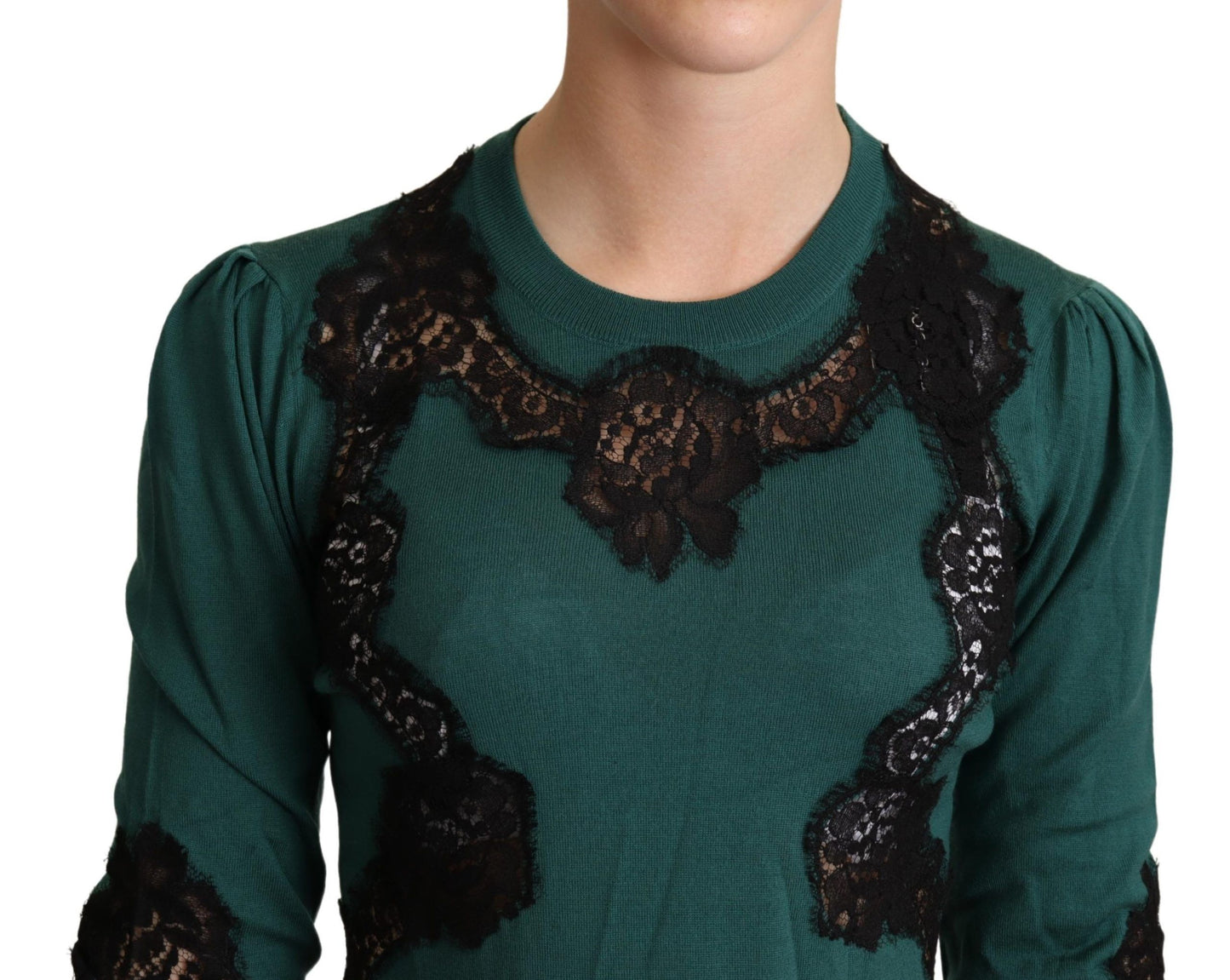 Dolce & Gabbana Elegant Green Pullover with Black Lace Detail - Elegance Online Limited