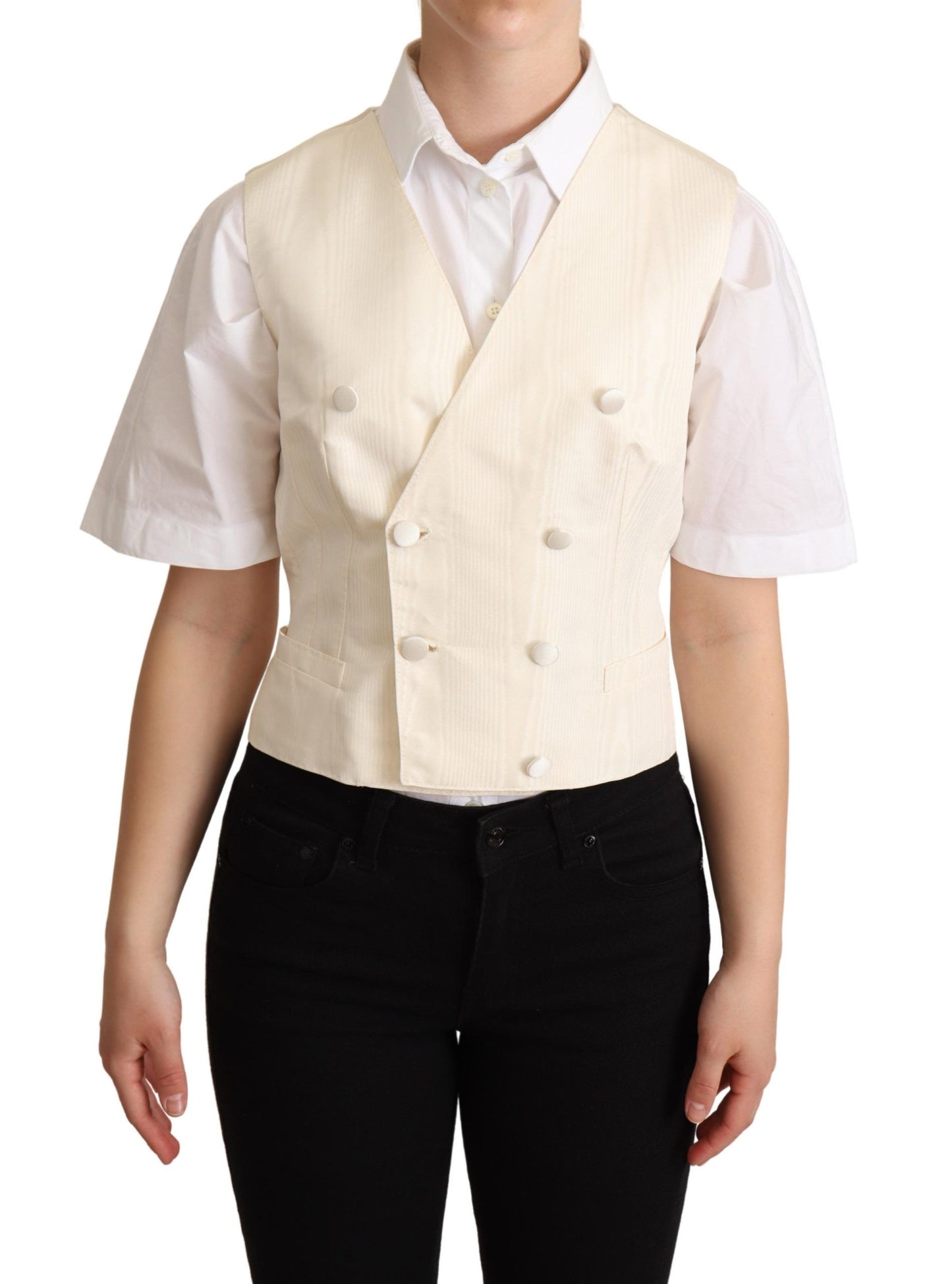 Dolce & Gabbana Chaleco sin mangas en mezcla de seda beige Chaleco de lujo