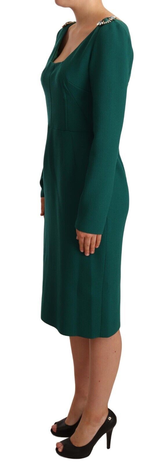 Dolce & Gabbana Emerald Green Midi Sheath Dress with Crystal Brooch - Elegance Online Limited