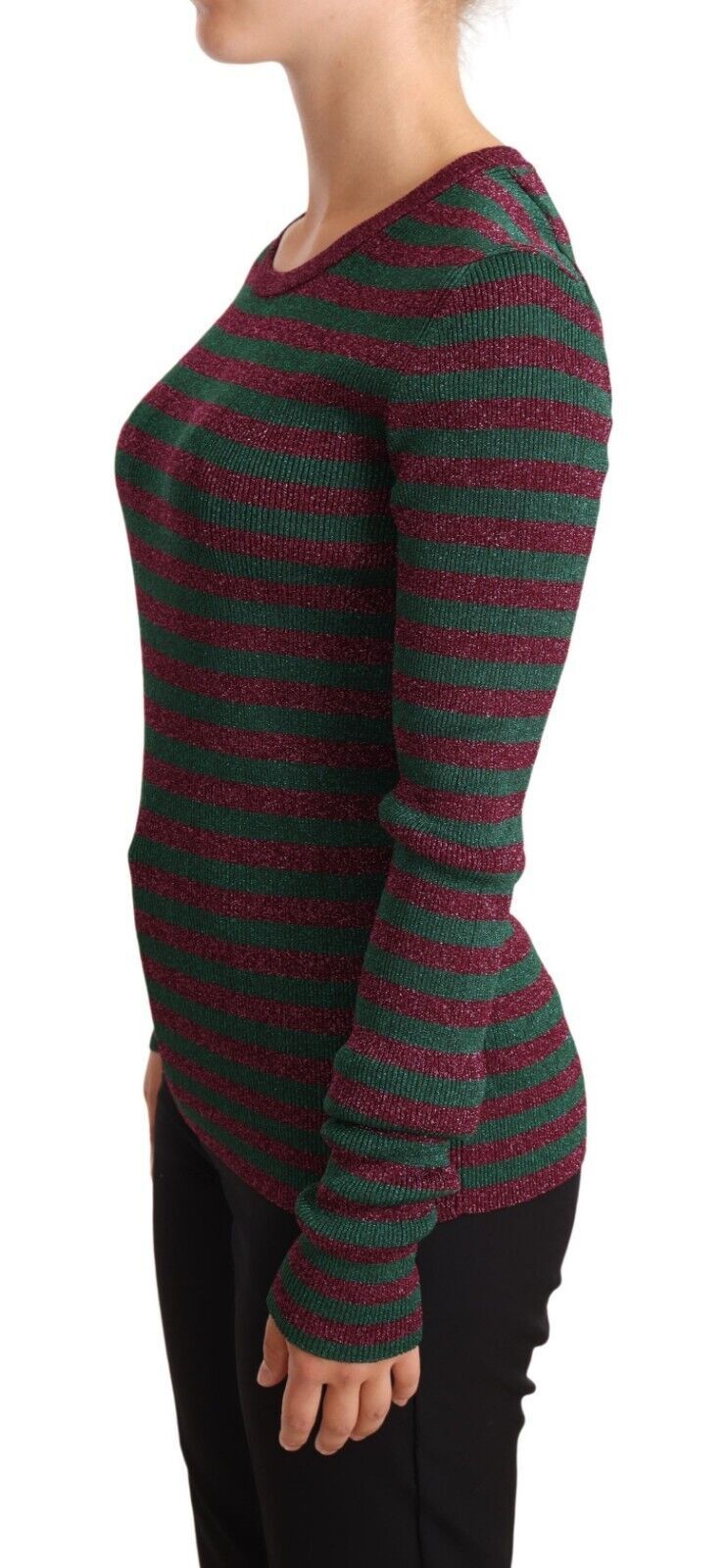 Dolce & Gabbana Elegant Maroon and Green Striped Crewneck Sweater - Elegance Online Limited