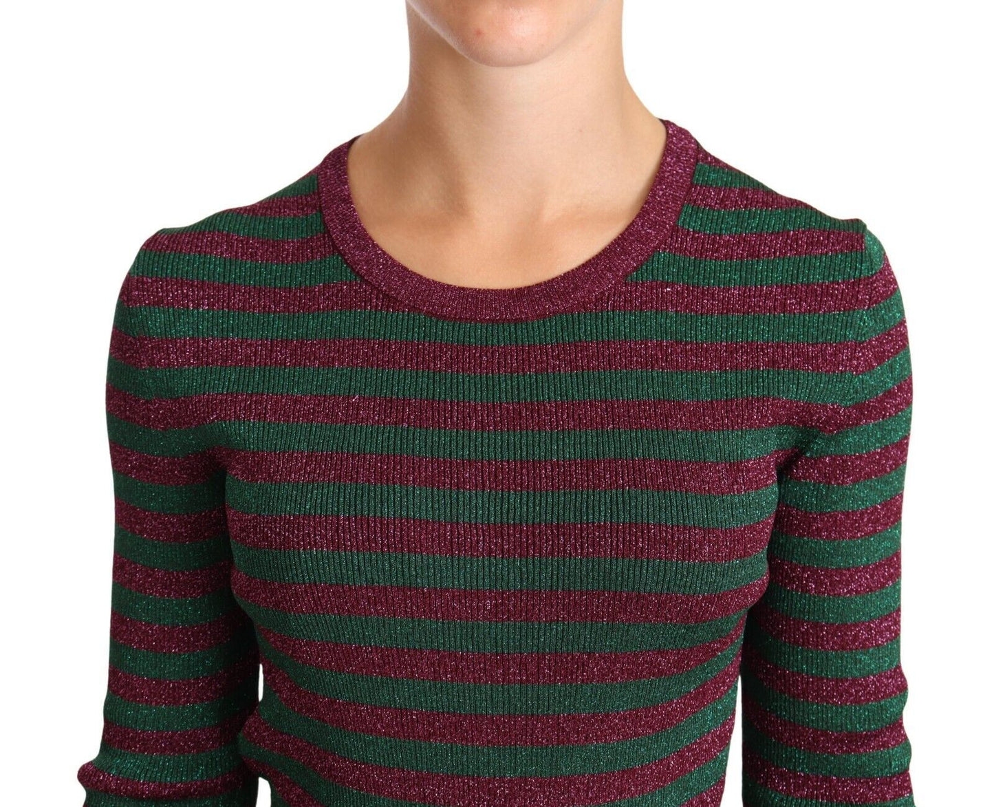 Dolce & Gabbana Elegant Maroon and Green Striped Crewneck Sweater - Elegance Online Limited