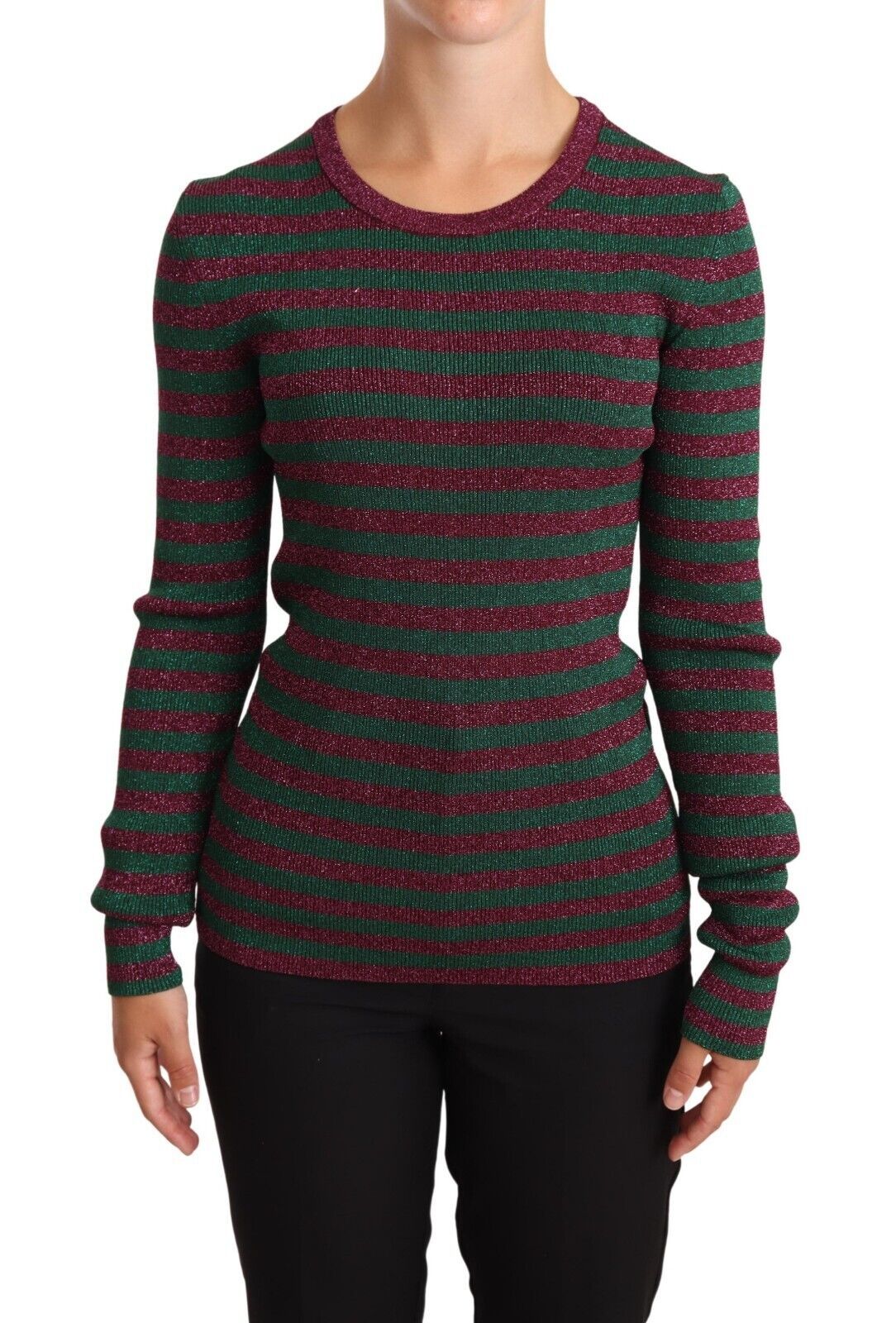 Dolce & Gabbana Elegant Maroon and Green Striped Crewneck Sweater - Elegance Online Limited