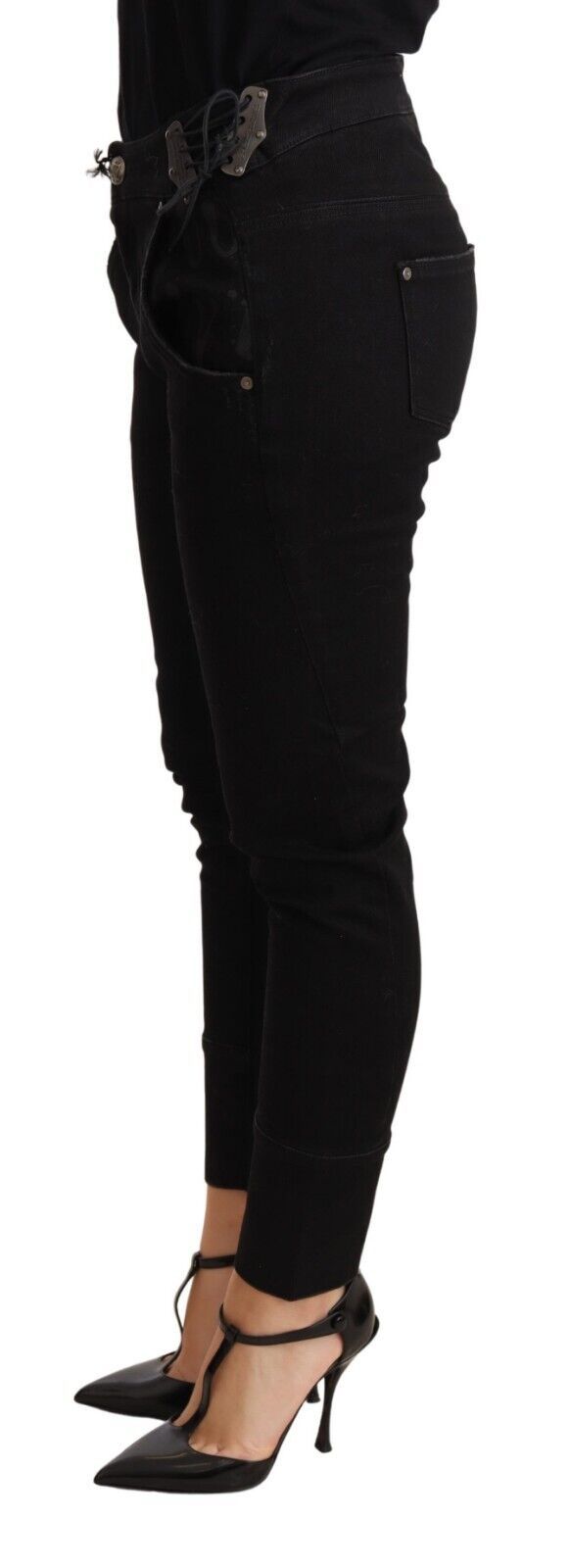 Ermanno Scervino Chic Low Waist Skinny Black Cotton Trousers - Elegance Online Limited