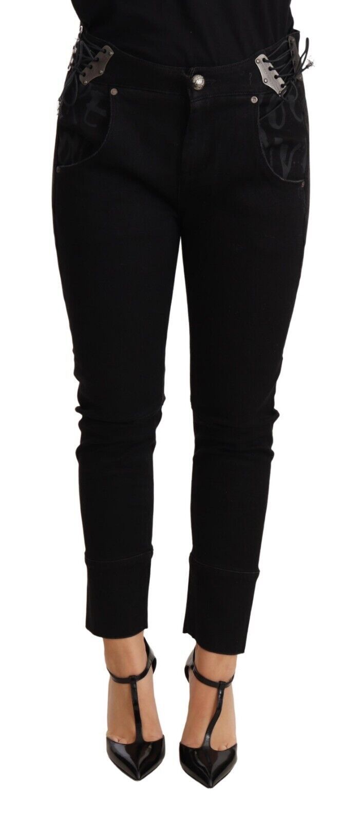 Ermanno Scervino Chic Low Waist Skinny Black Cotton Trousers - Elegance Online Limited