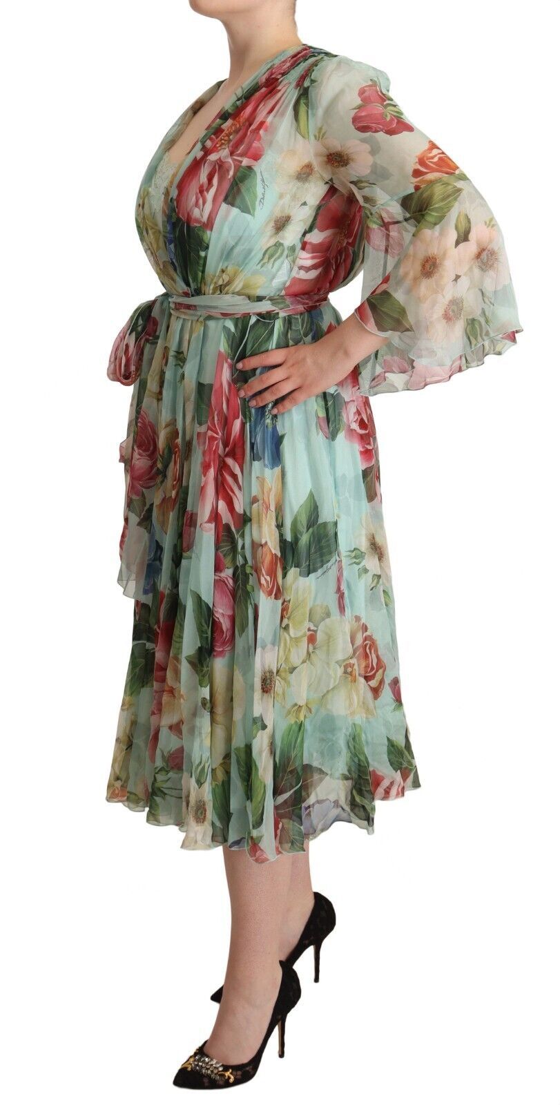 Dolce & Gabbana Elegant Floral Green Midi Silk Dress - Elegance Online Limited