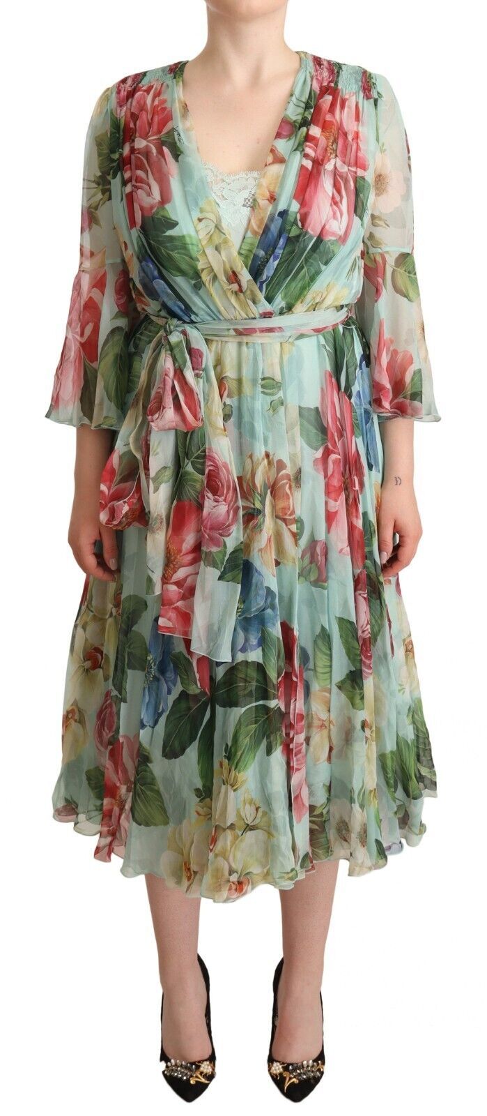Dolce & Gabbana Elegant Floral Green Midi Silk Dress - Elegance Online Limited