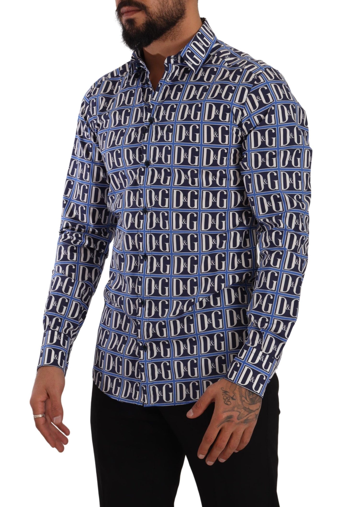 Dolce & Gabbana Slim Fit Blue Logo Cotton Shirt - Elegance Online Limited