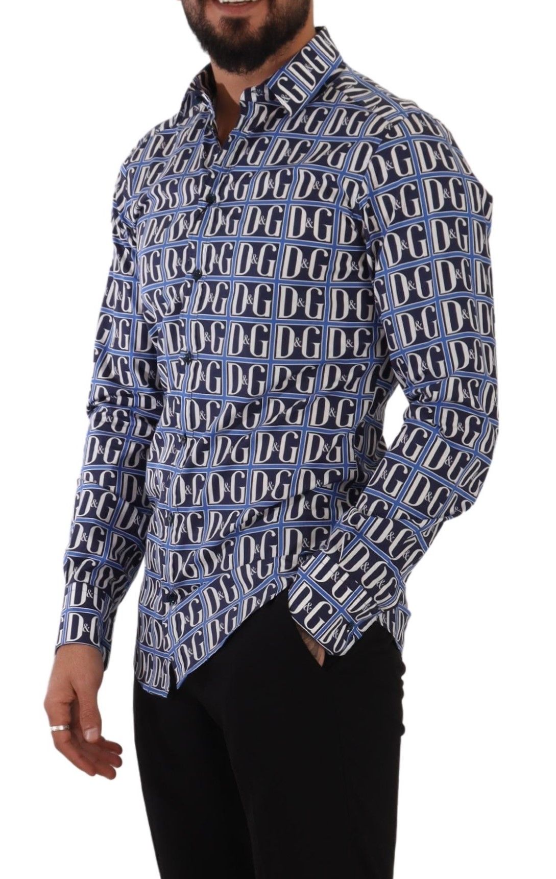 Dolce & Gabbana Slim Fit Blue Logo Cotton Shirt - Elegance Online Limited