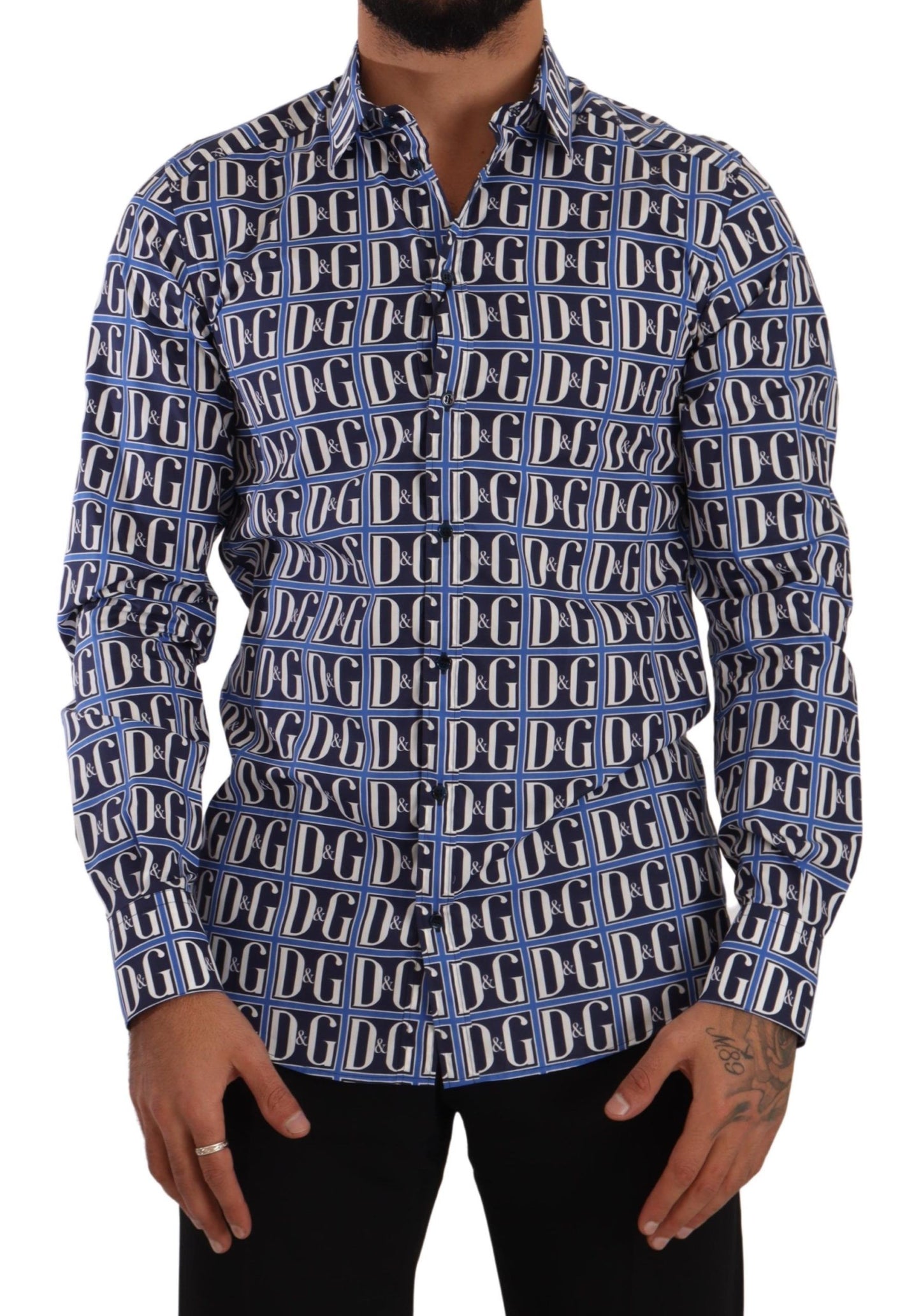 Dolce & Gabbana Slim Fit Blue Logo Cotton Shirt - Elegance Online Limited