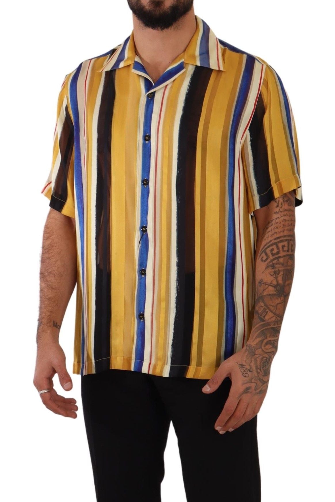 Dolce & Gabbana Yellow Striped Silk-Blend Men's Shirt - Elegance Online Limited