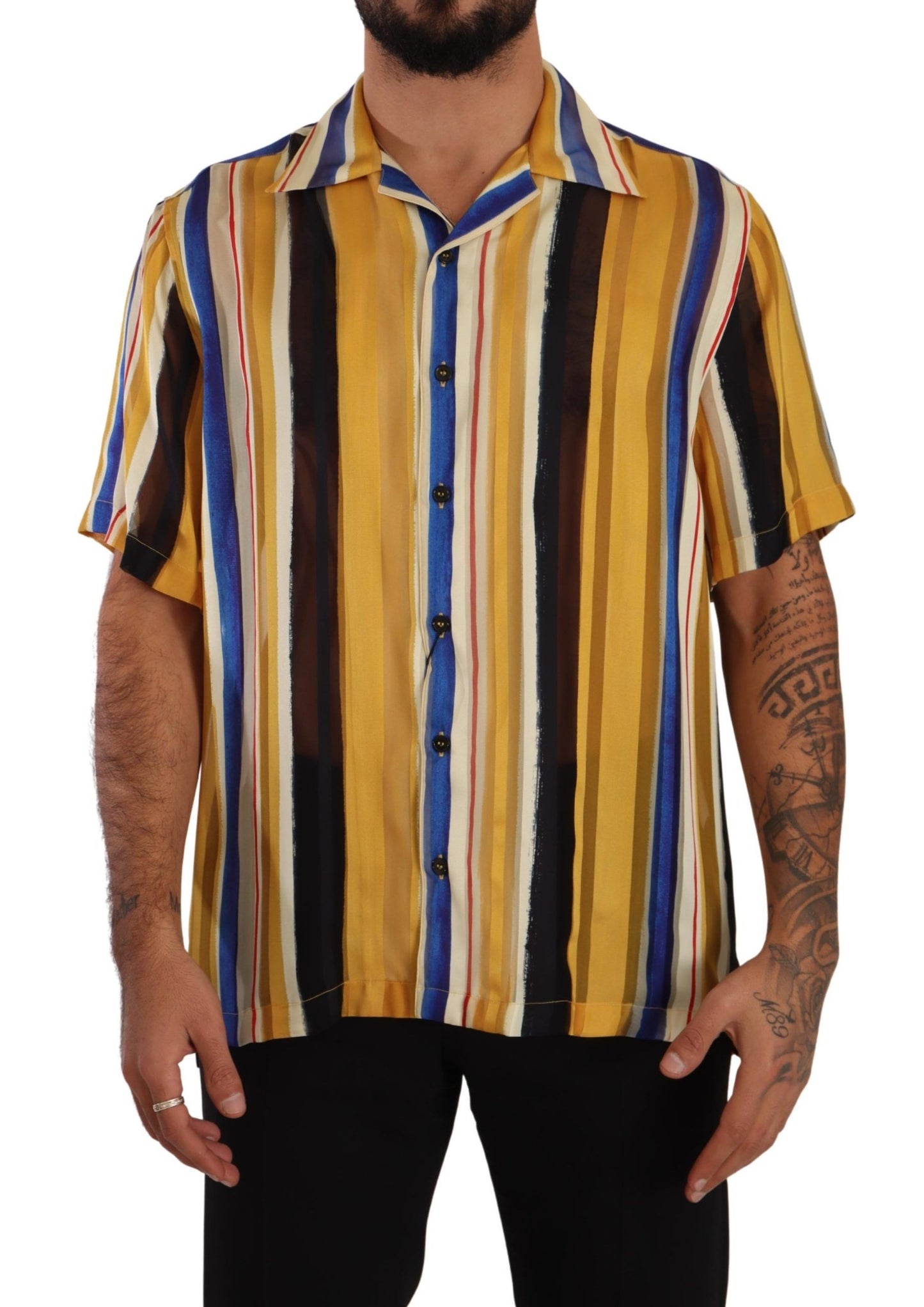 Dolce & Gabbana Yellow Striped Silk-Blend Men's Shirt - Elegance Online Limited