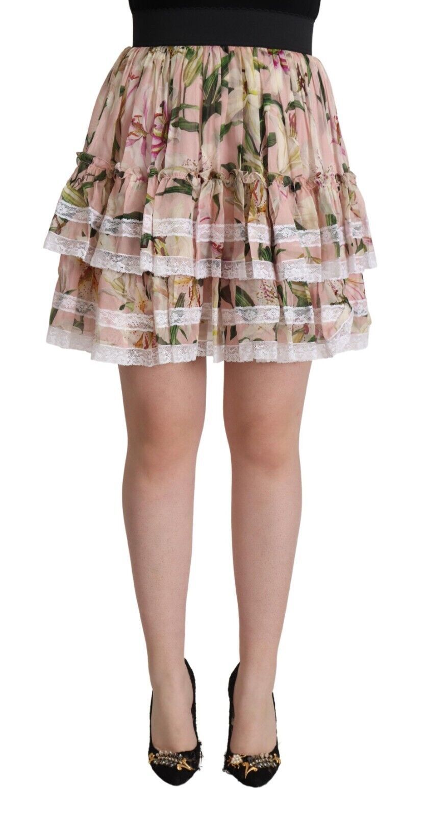 Mini-jupe trapèze à volants et imprimé lys Dolce & Gabbana