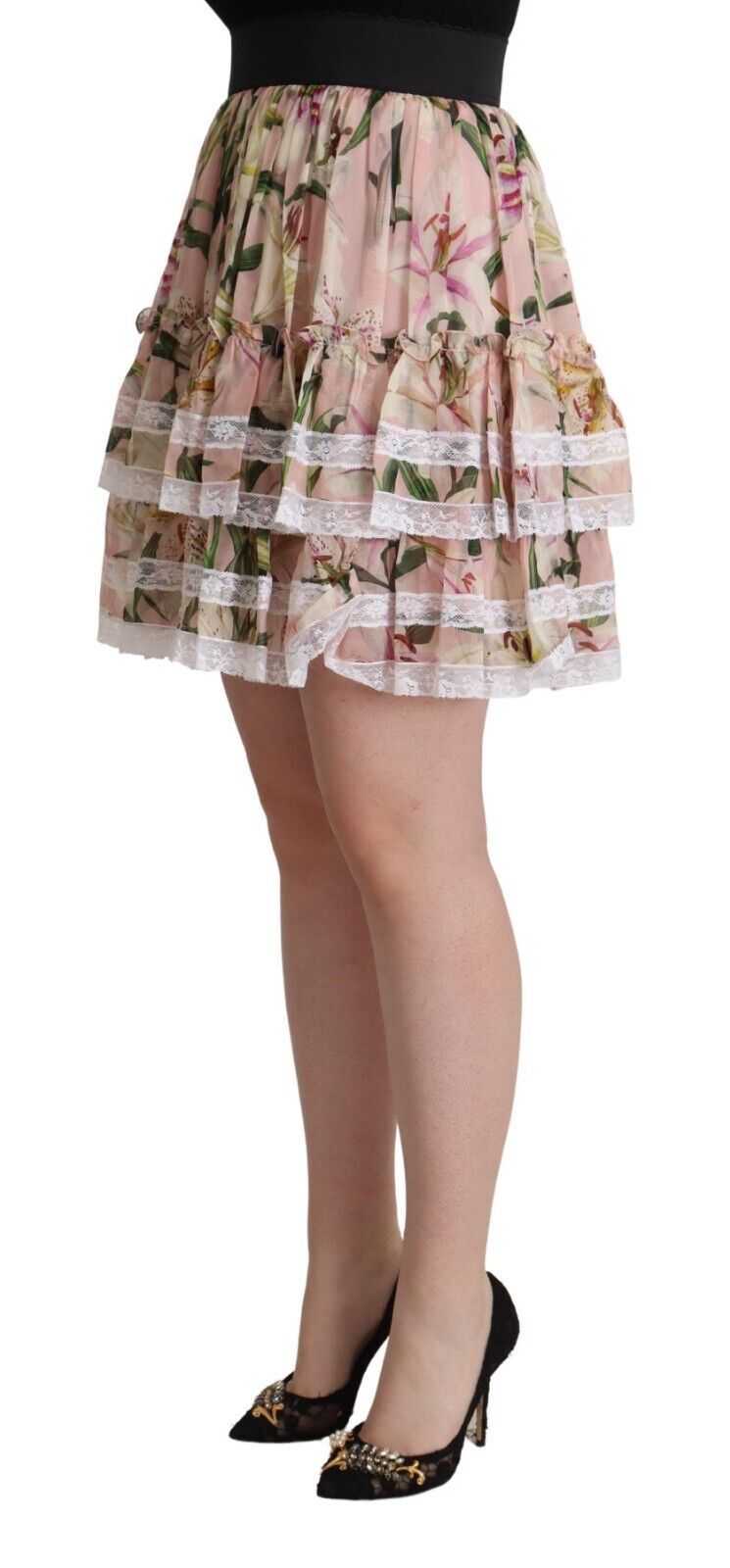 Mini-jupe trapèze à volants et imprimé lys Dolce & Gabbana