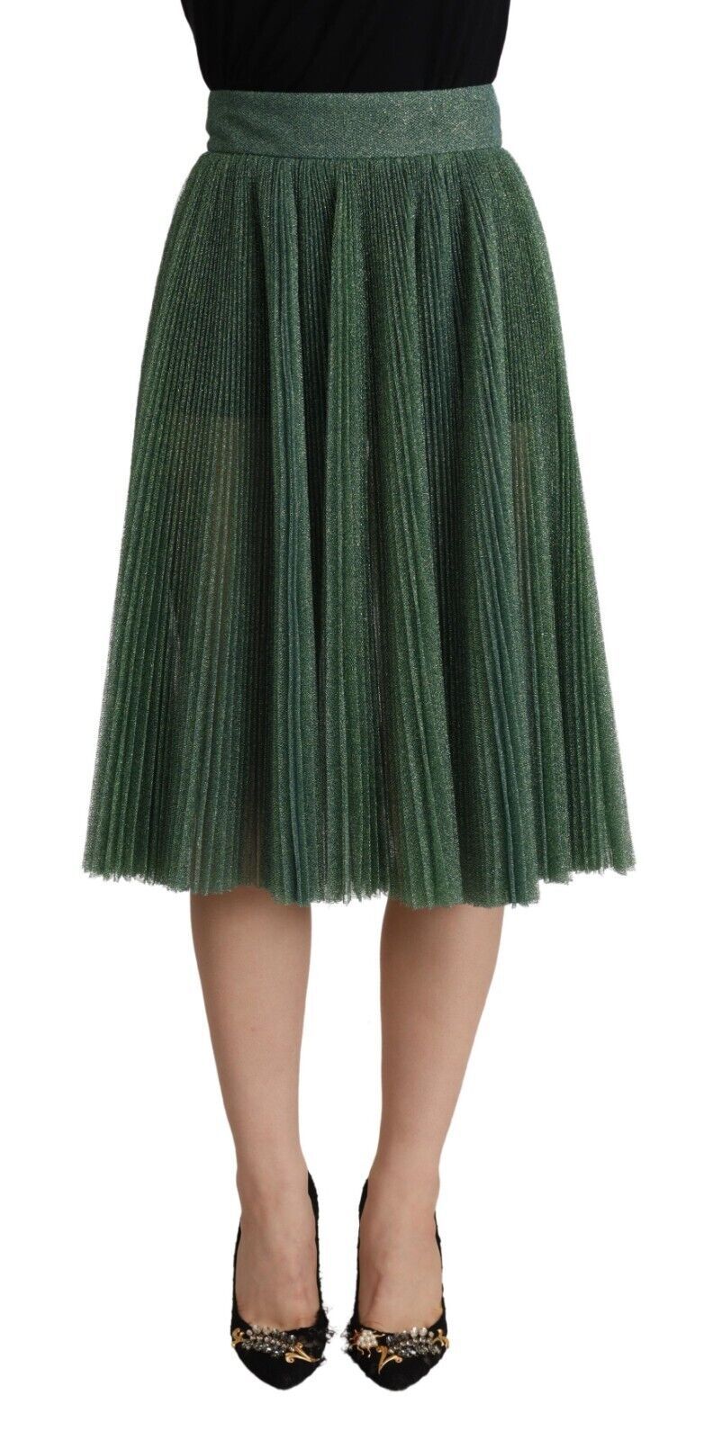 Jupe mi-longue plissée coupe trapèze vert métallisé Dolce & Gabbana