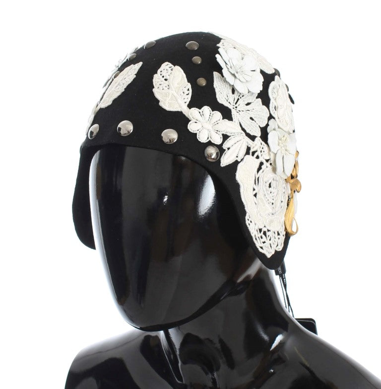 Dolce & Gabbana Elegant Black Floral Wool Cloche Hat - Elegance Online Limited
