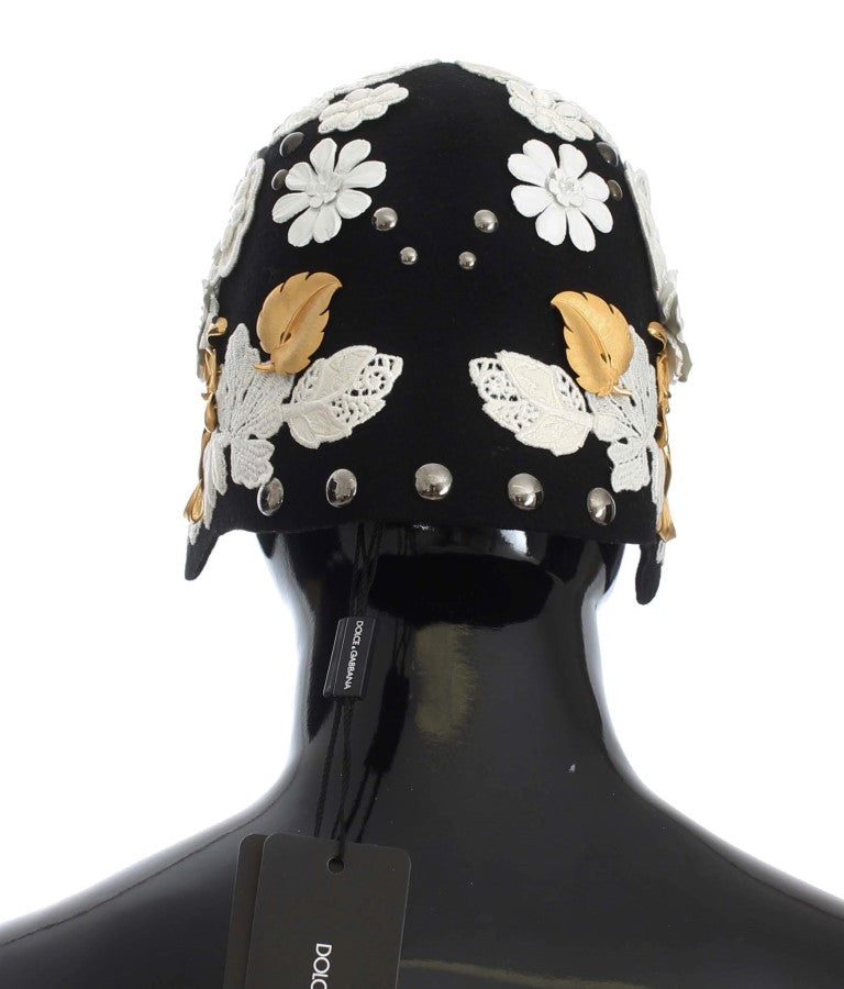 Dolce & Gabbana Elegant Black Floral Wool Cloche Hat - Elegance Online Limited