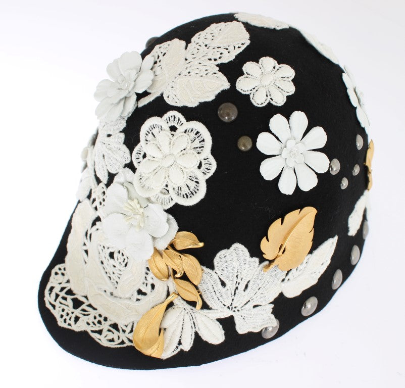 Dolce & Gabbana Elegant Black Floral Wool Cloche Hat - Elegance Online Limited