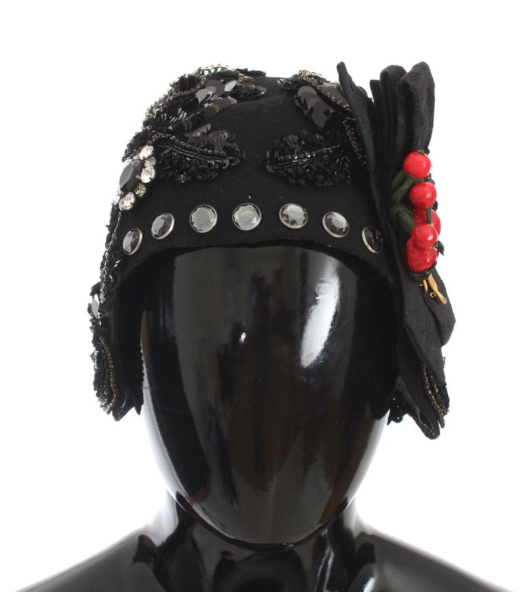 Dolce & Gabbana Elegant Black Crystal-Adorned Cloche Hat - Elegance Online Limited