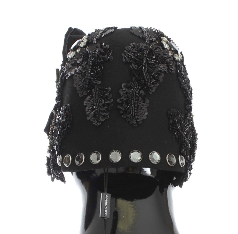Dolce & Gabbana Elegant Black Crystal-Adorned Cloche Hat - Elegance Online Limited