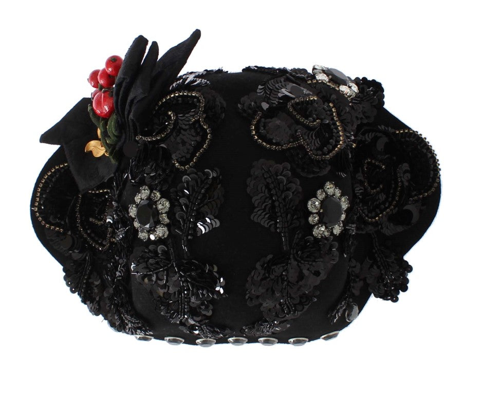 Dolce & Gabbana Elegant Black Crystal-Adorned Cloche Hat - Elegance Online Limited