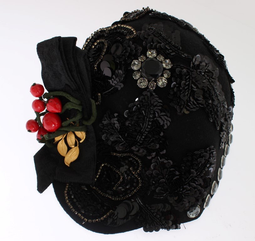 Dolce & Gabbana Elegant Black Crystal-Adorned Cloche Hat - Elegance Online Limited