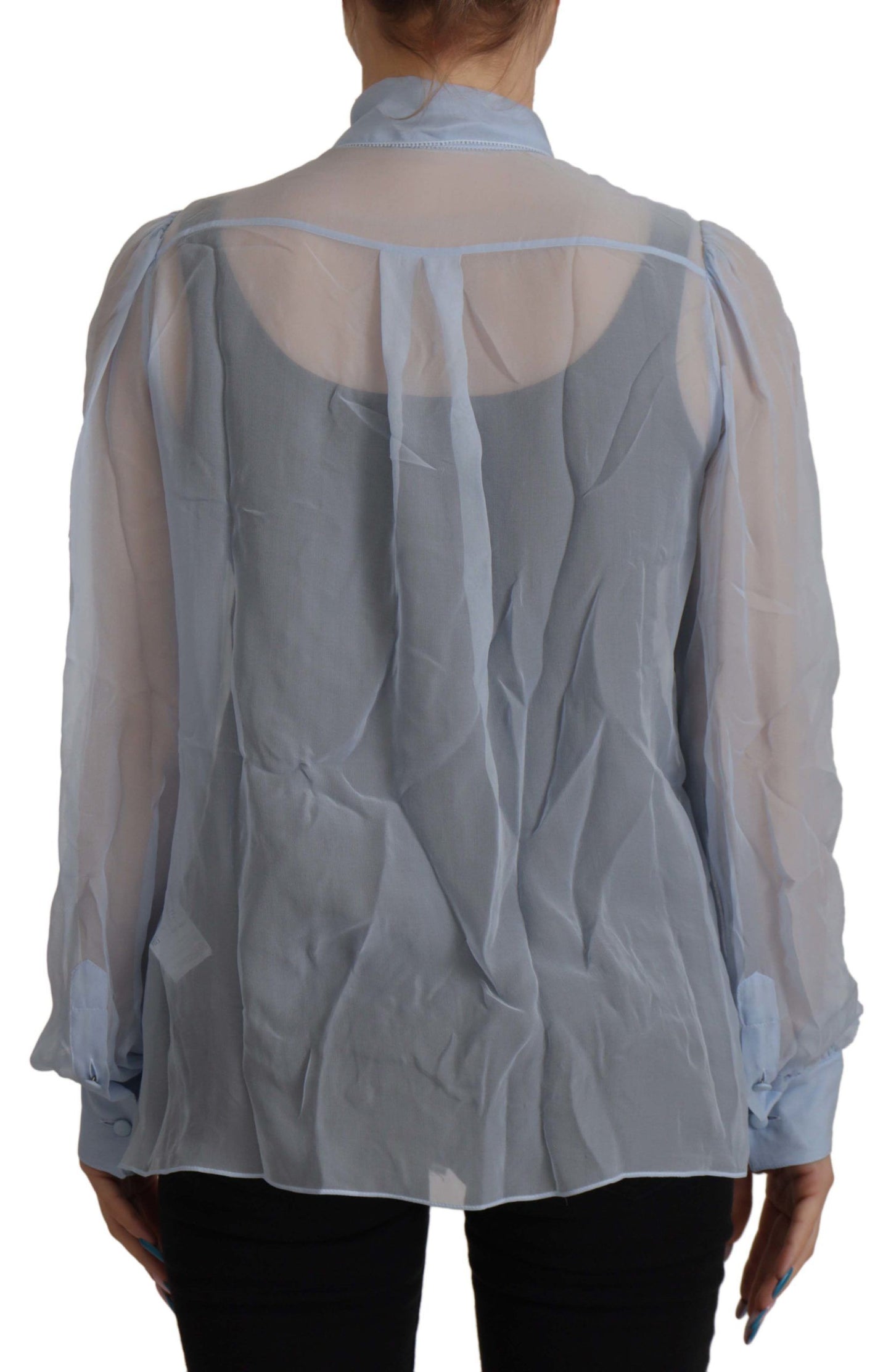 Dolce & Gabbana Blusa elegante de seda con cuello Ascot en azul claro