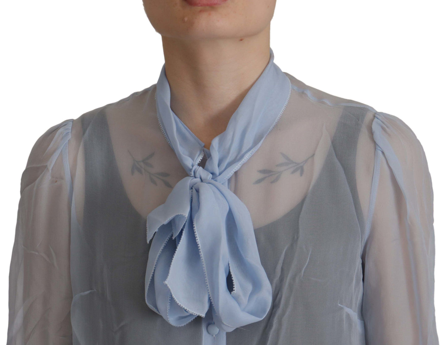 Dolce & Gabbana Blusa elegante de seda con cuello Ascot en azul claro