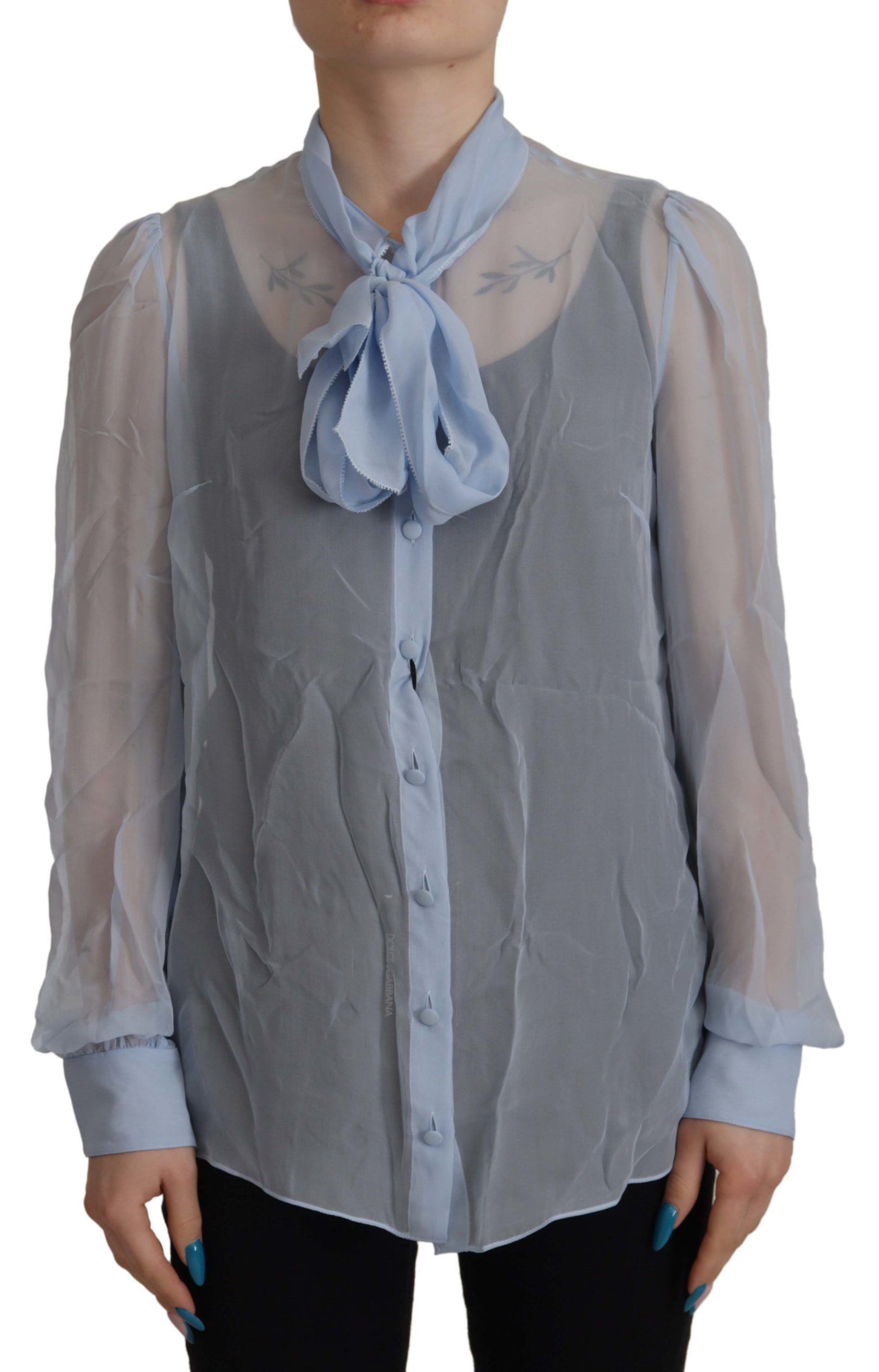 Dolce & Gabbana Blusa elegante de seda con cuello Ascot en azul claro
