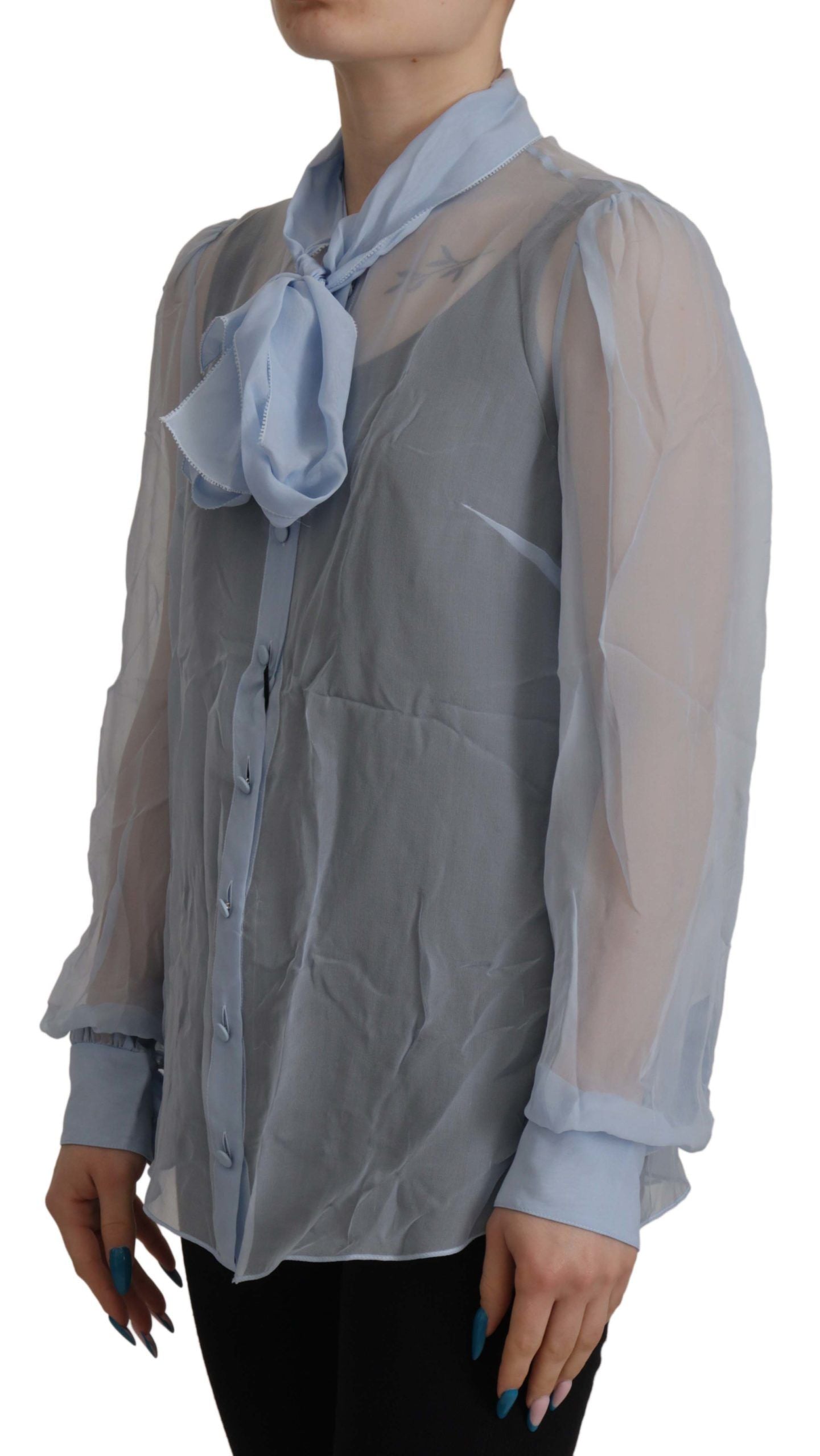 Dolce & Gabbana Blusa elegante de seda con cuello Ascot en azul claro