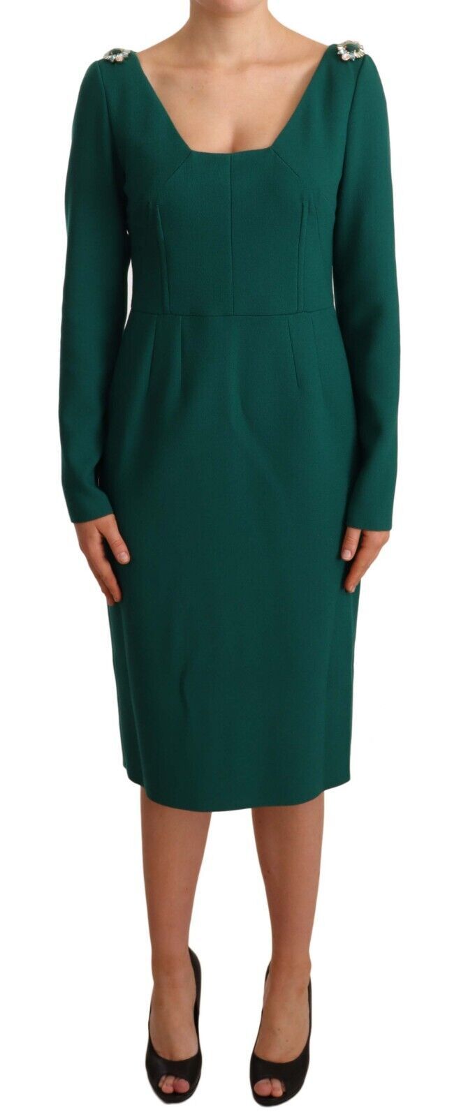 Dolce & Gabbana Emerald Green Midi Sheath Dress with Crystal Brooch - Elegance Online Limited