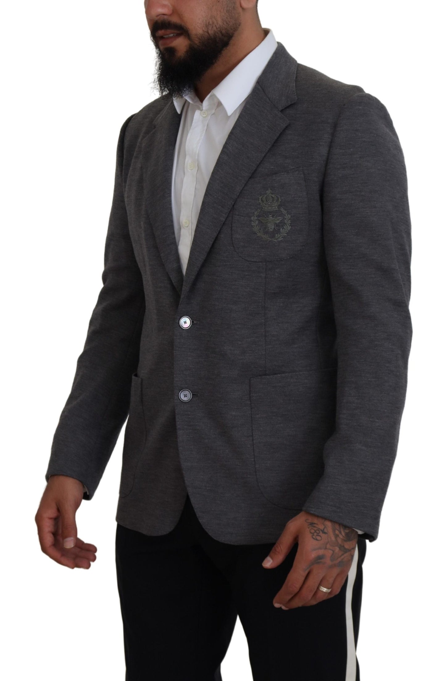 Dolce & Gabbana Elegante blazer de lana gris con bordado de corona de abeja