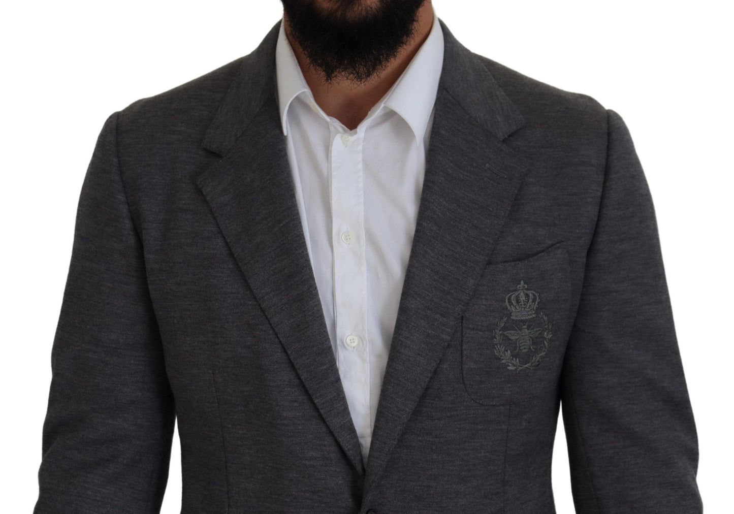 Dolce & Gabbana Elegante blazer de lana gris con bordado de corona de abeja