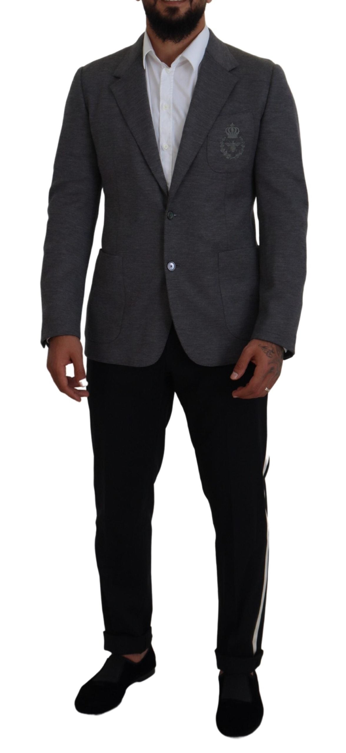 Dolce & Gabbana Elegante blazer de lana gris con bordado de corona de abeja