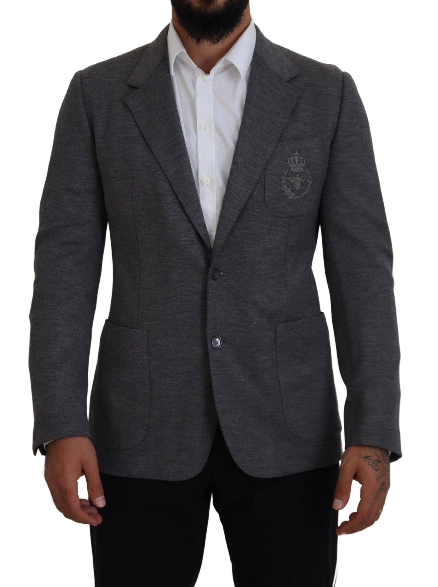 Dolce & Gabbana Elegante blazer de lana gris con bordado de corona de abeja