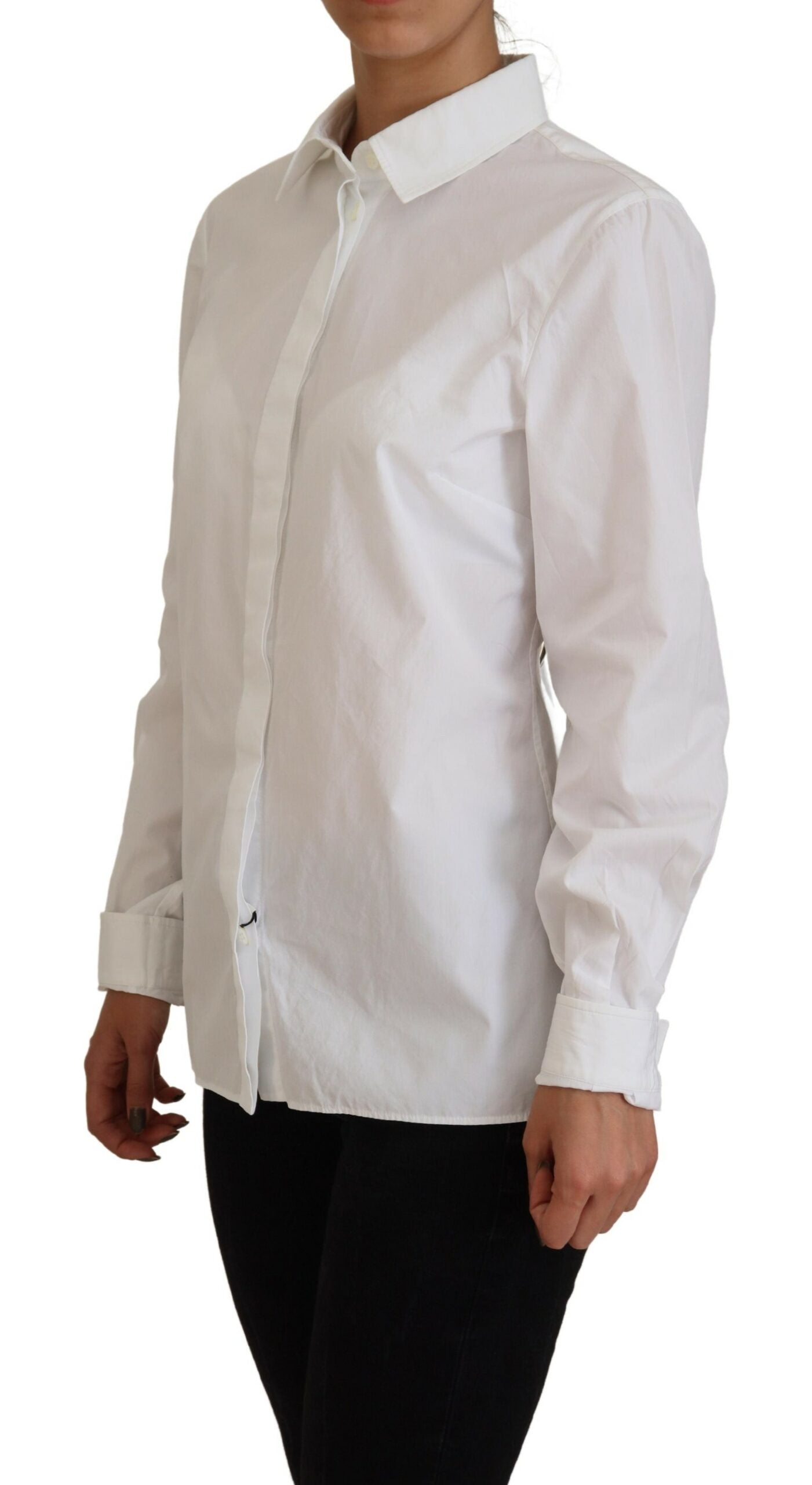 Dolce & Gabbana White Cotton Collared Long Sleeves Formal Top