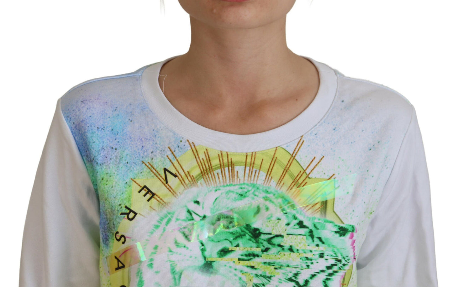 Pull col rond blanc élégant à imprimé graphique Versace Jeans